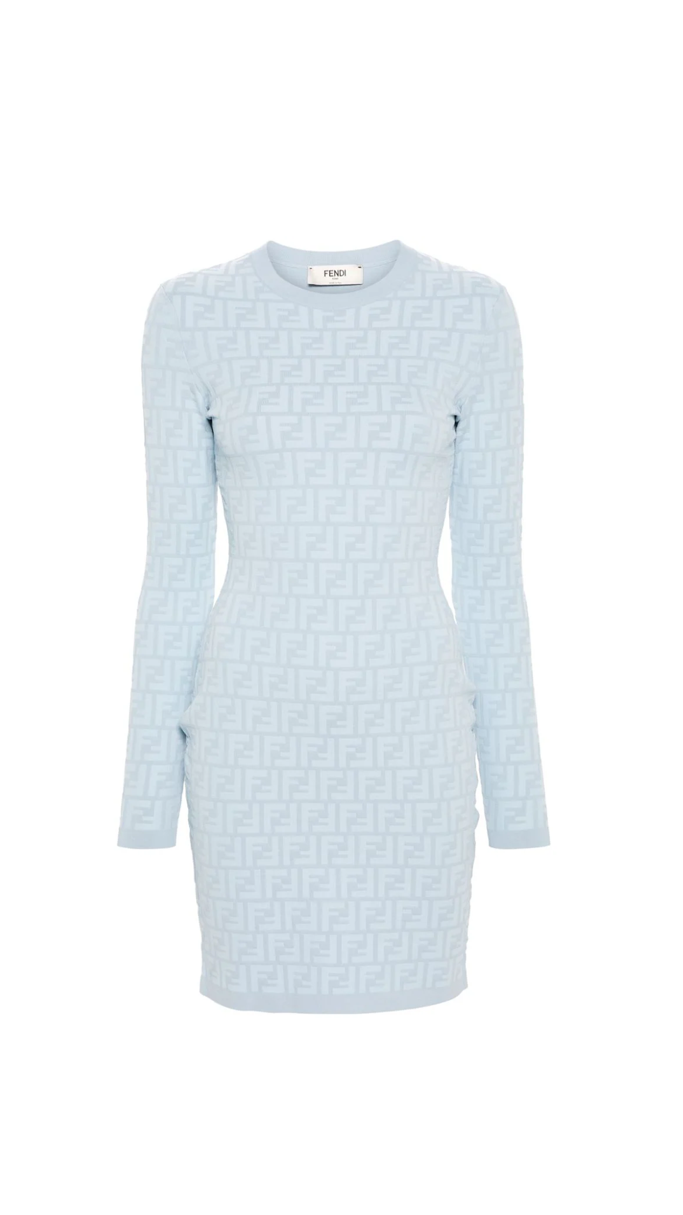 Ff Motif Ribbed Trim Crew Neck Dress - Light Blue