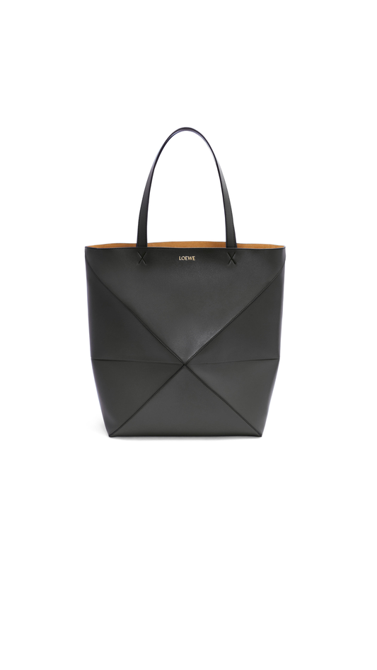 Large Puzzle Fold Tote In Shiny Calfskin - Black