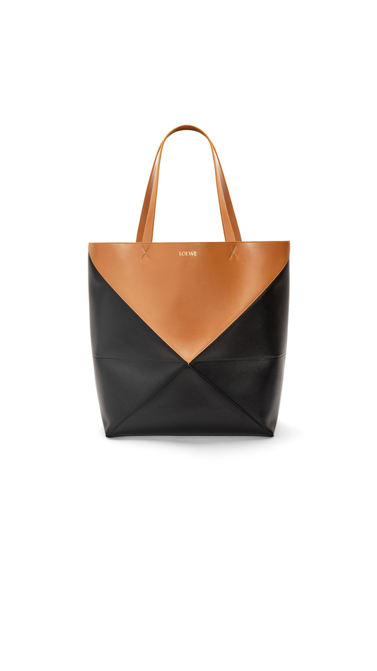 Large Puzzle Fold Tote In Shiny Calfskin - Black\Warm Dessert