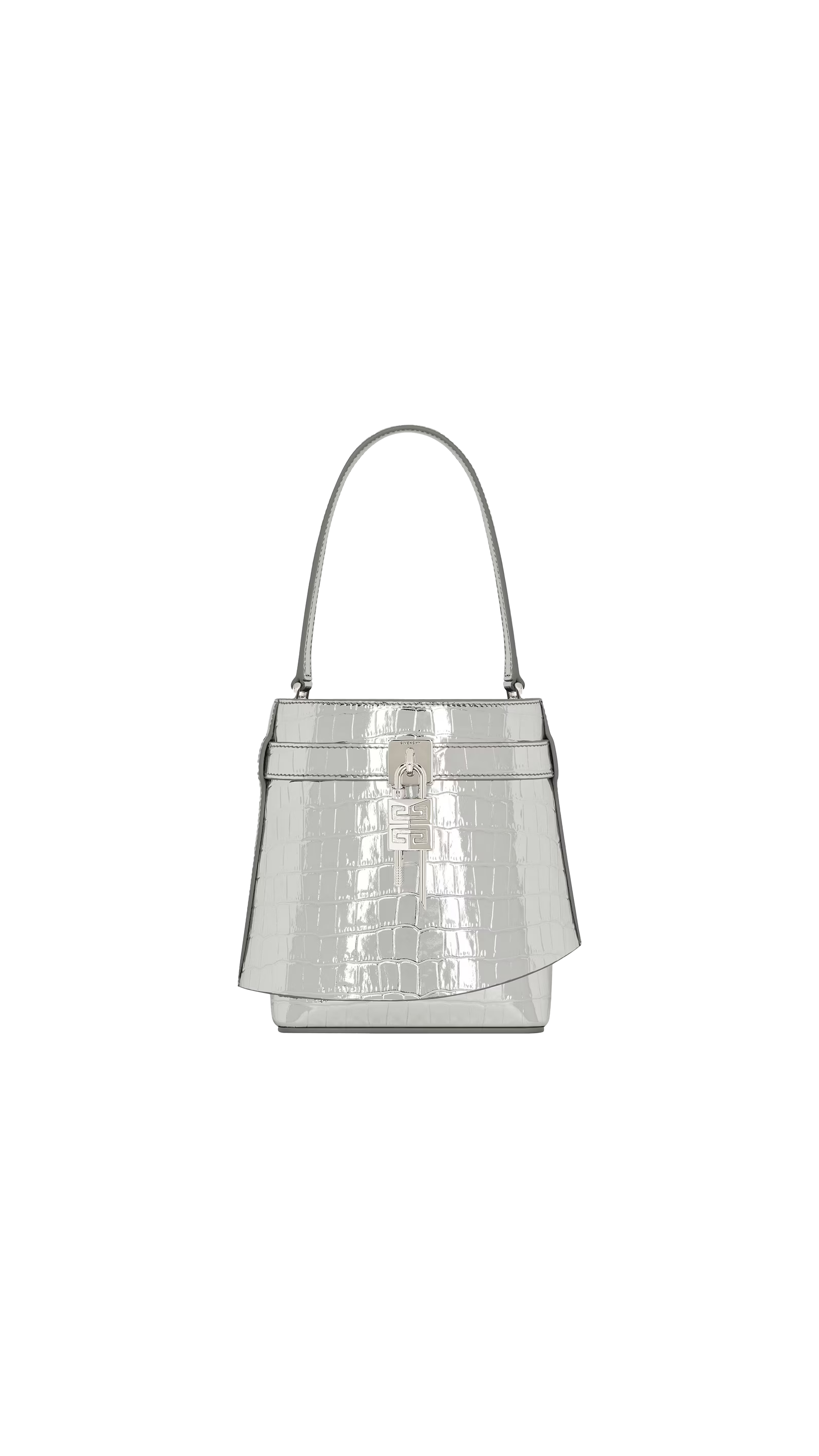 Shark Lock Bucket Bag In Crocodile Effect Leather - Light Silvery