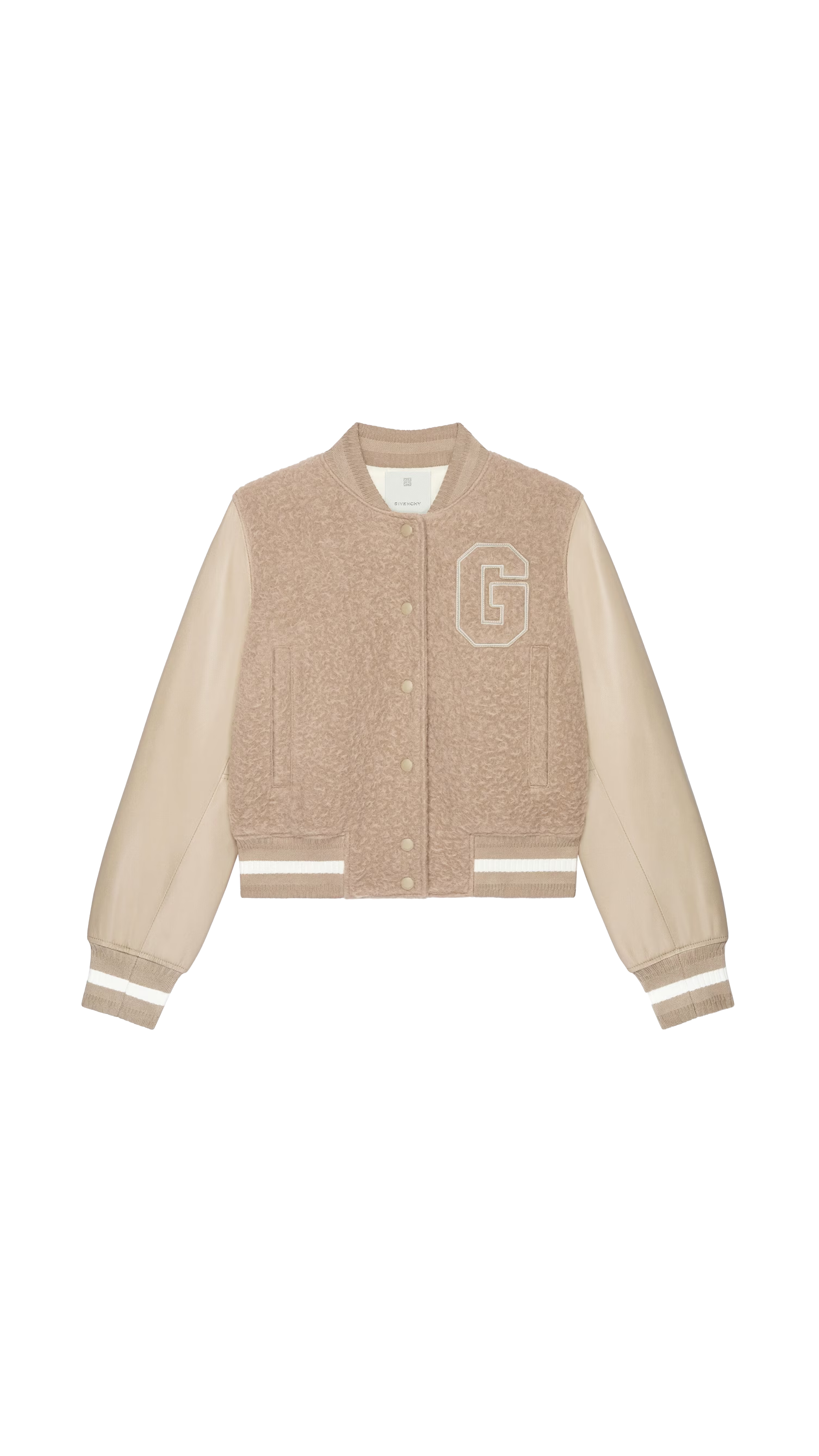 Varsity Jacket In Alpaca Bouclette Wool And Leather - Beige