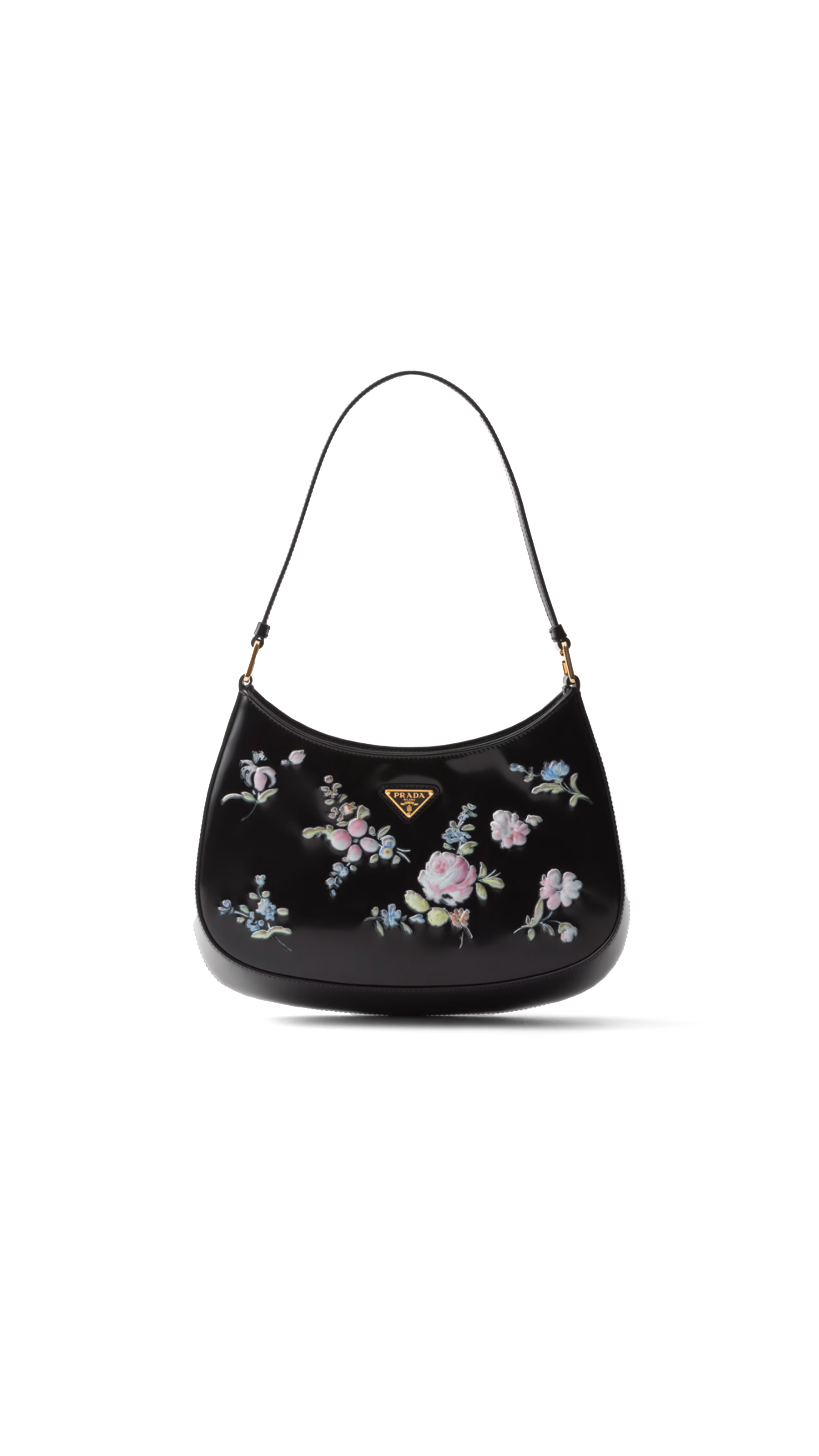 Cleo Printed Brushed Leather Shoulder Bag with Florals - Black