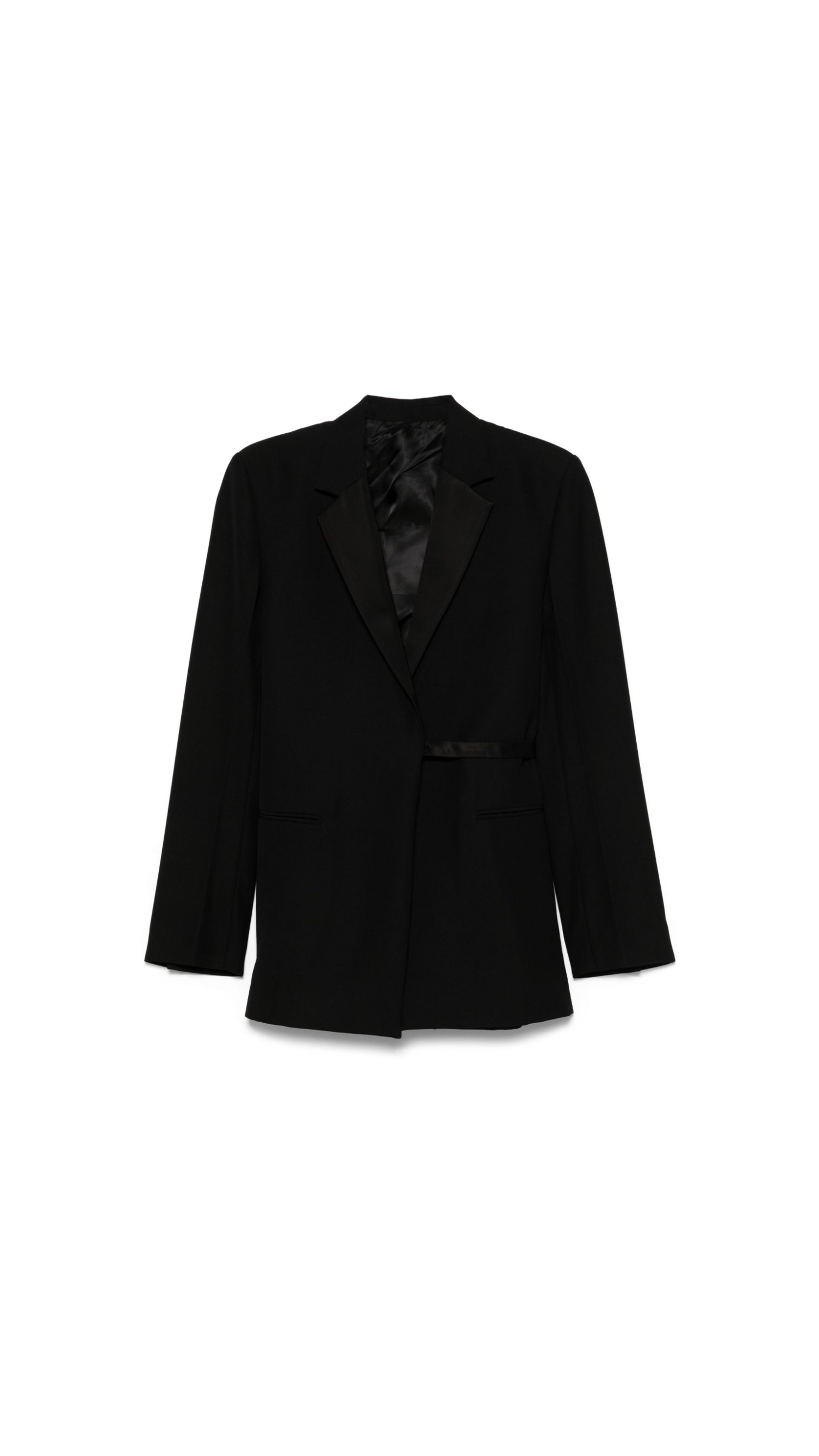 Satin Lapel Wrap Blazer - Black