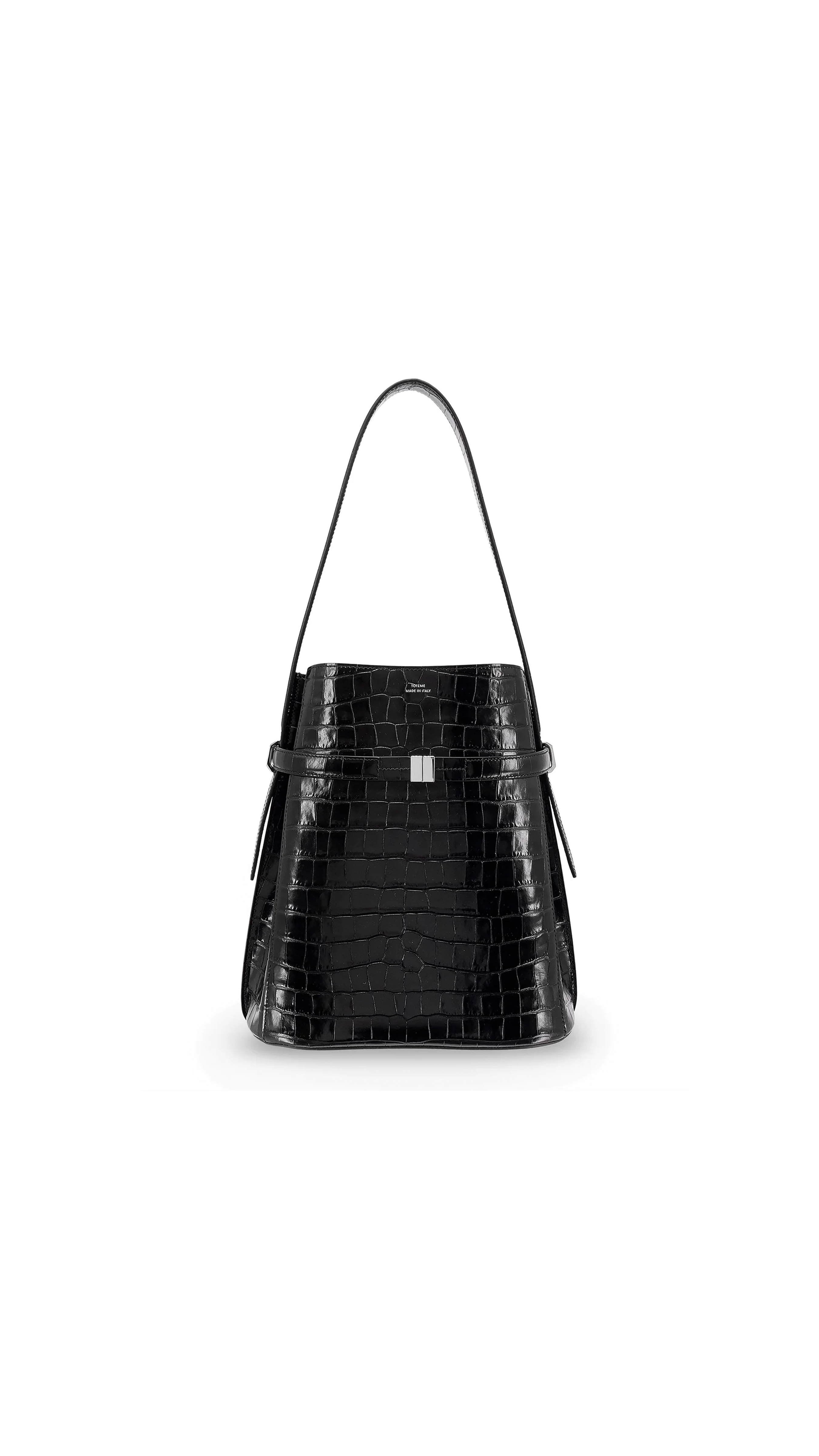 Belted Croco-Embossed Bucket Bag - Black