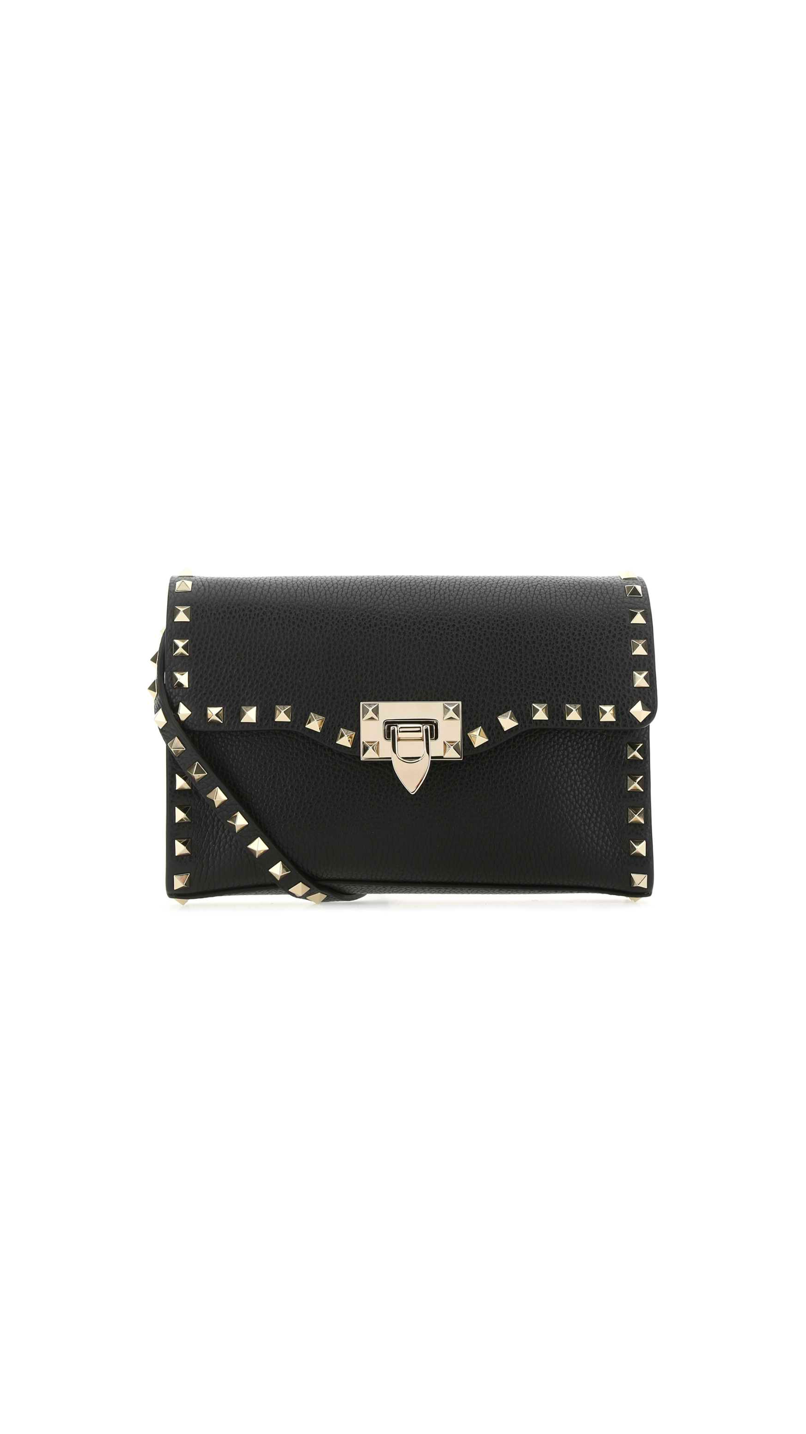 Small Rockstud Grainy Calfskin Crossbody Bag - Black