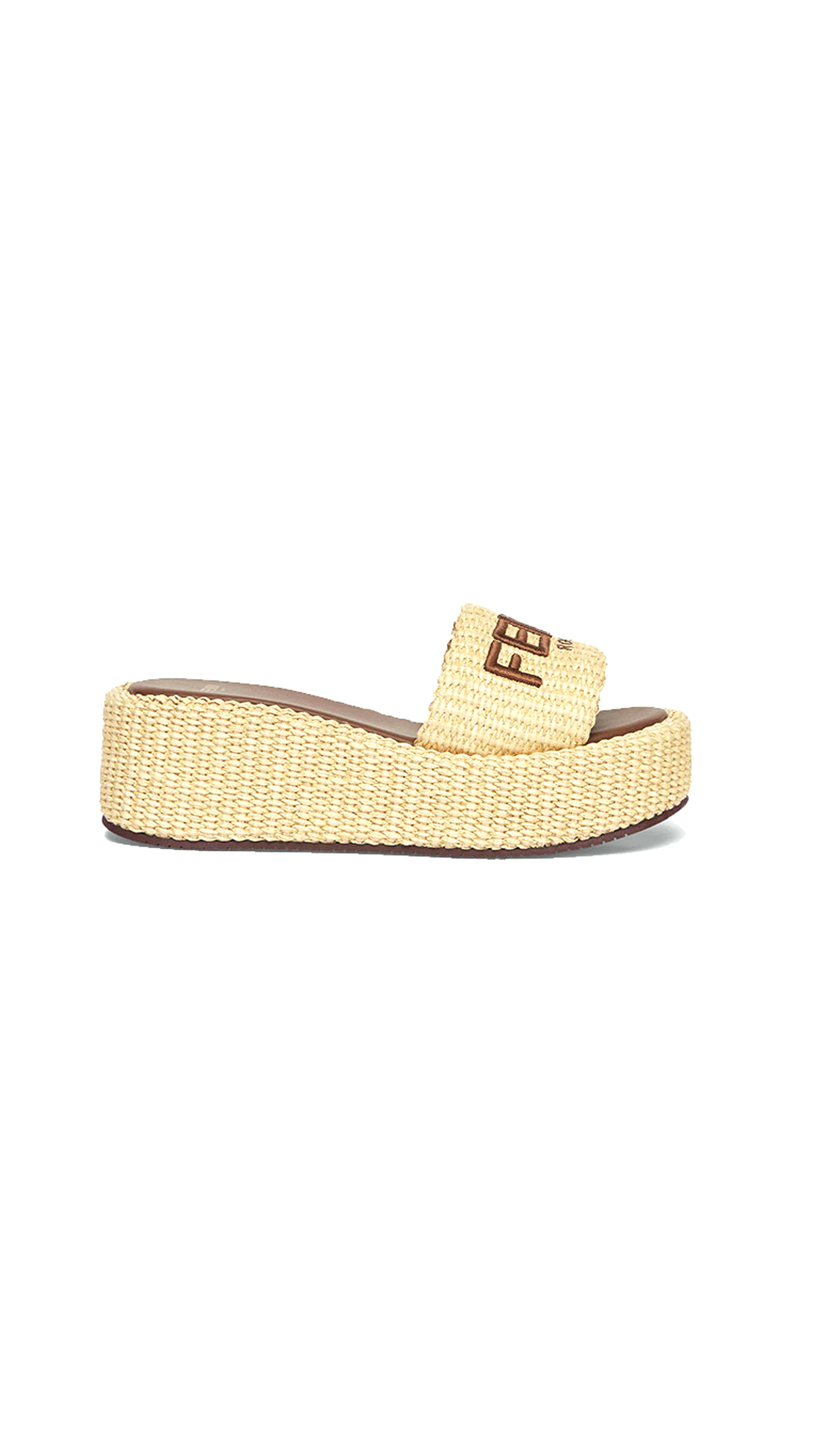 Fendi Sunshine Natural Raffia Flatform Slides - Beige