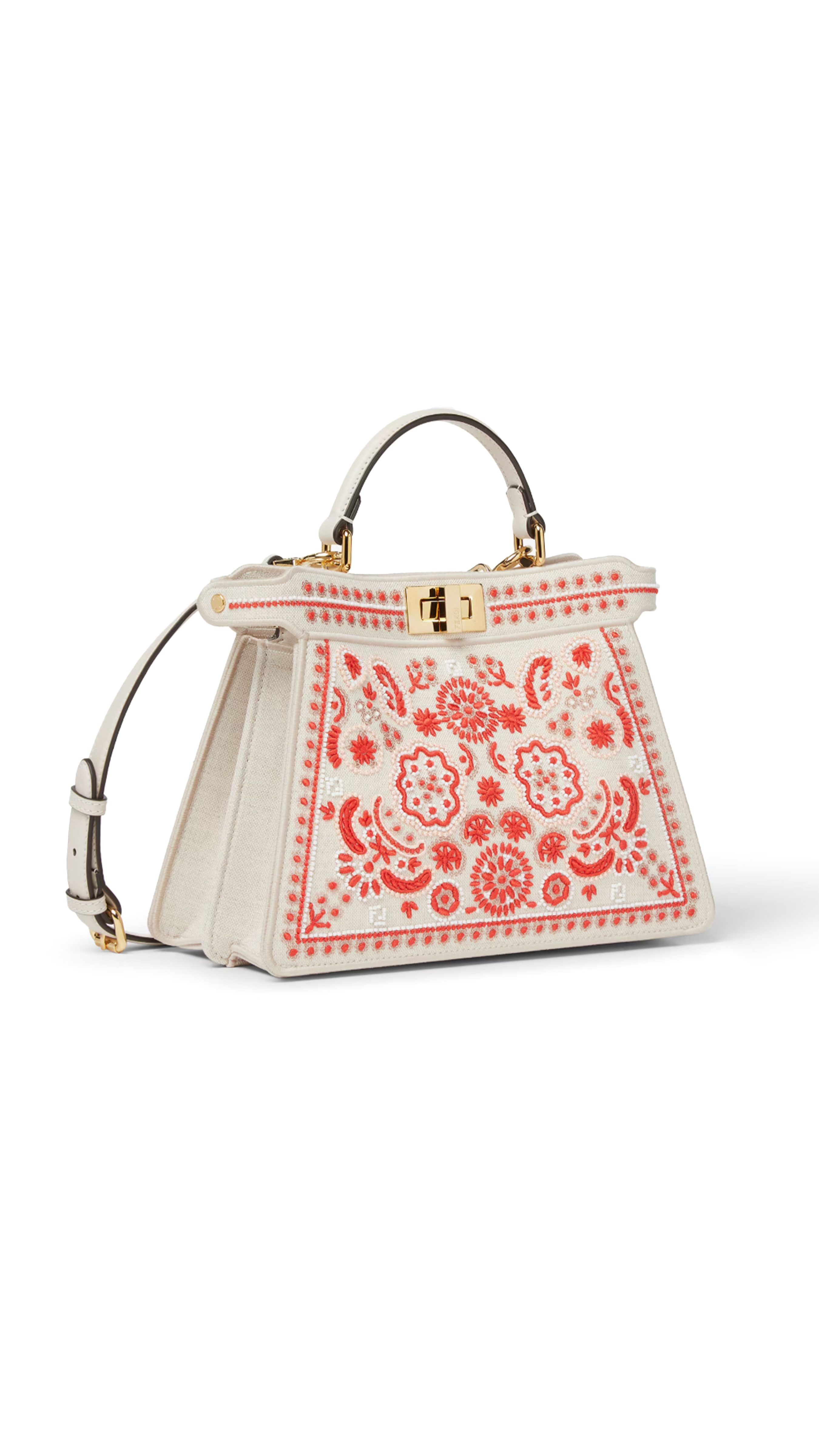 Peekaboo ISeeU Canvas Small Bag with Bandana Embroidery - White/Coral