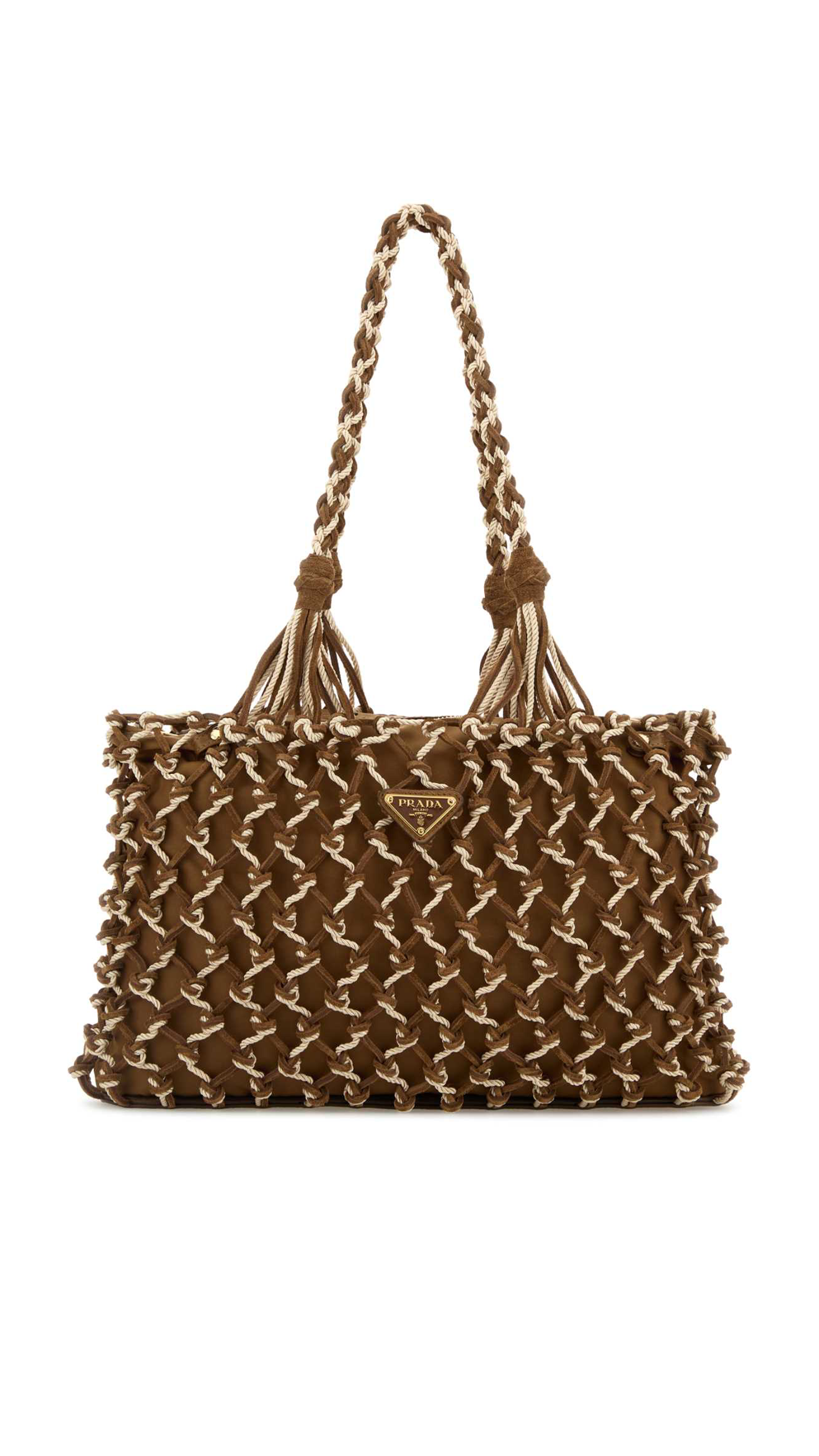 Large Fabric and Suede Macrame Bag - Cocoa Brown/Natural