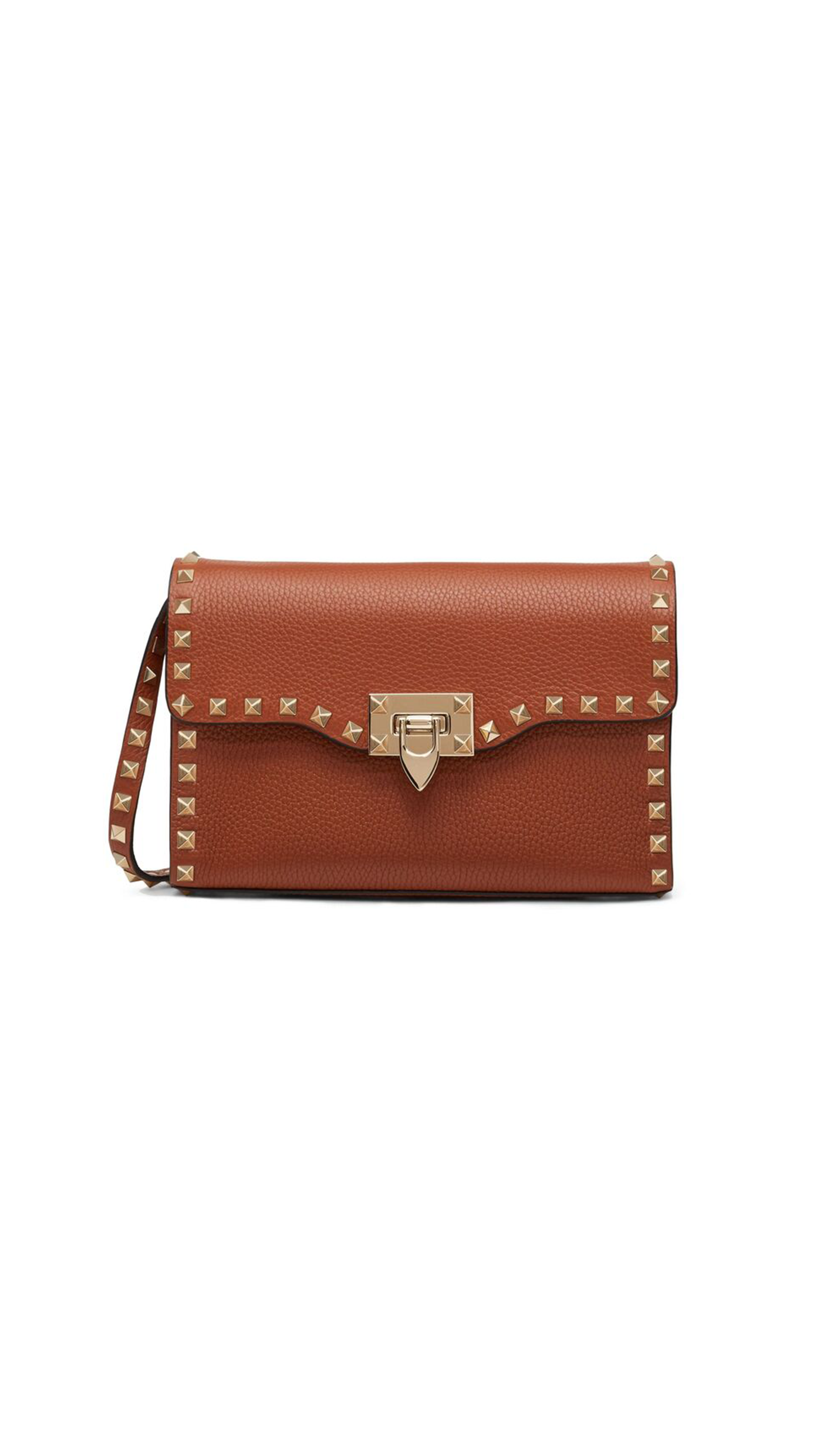 Small Rockstud Grainy Calfskin Crossbody Bag - Brandy