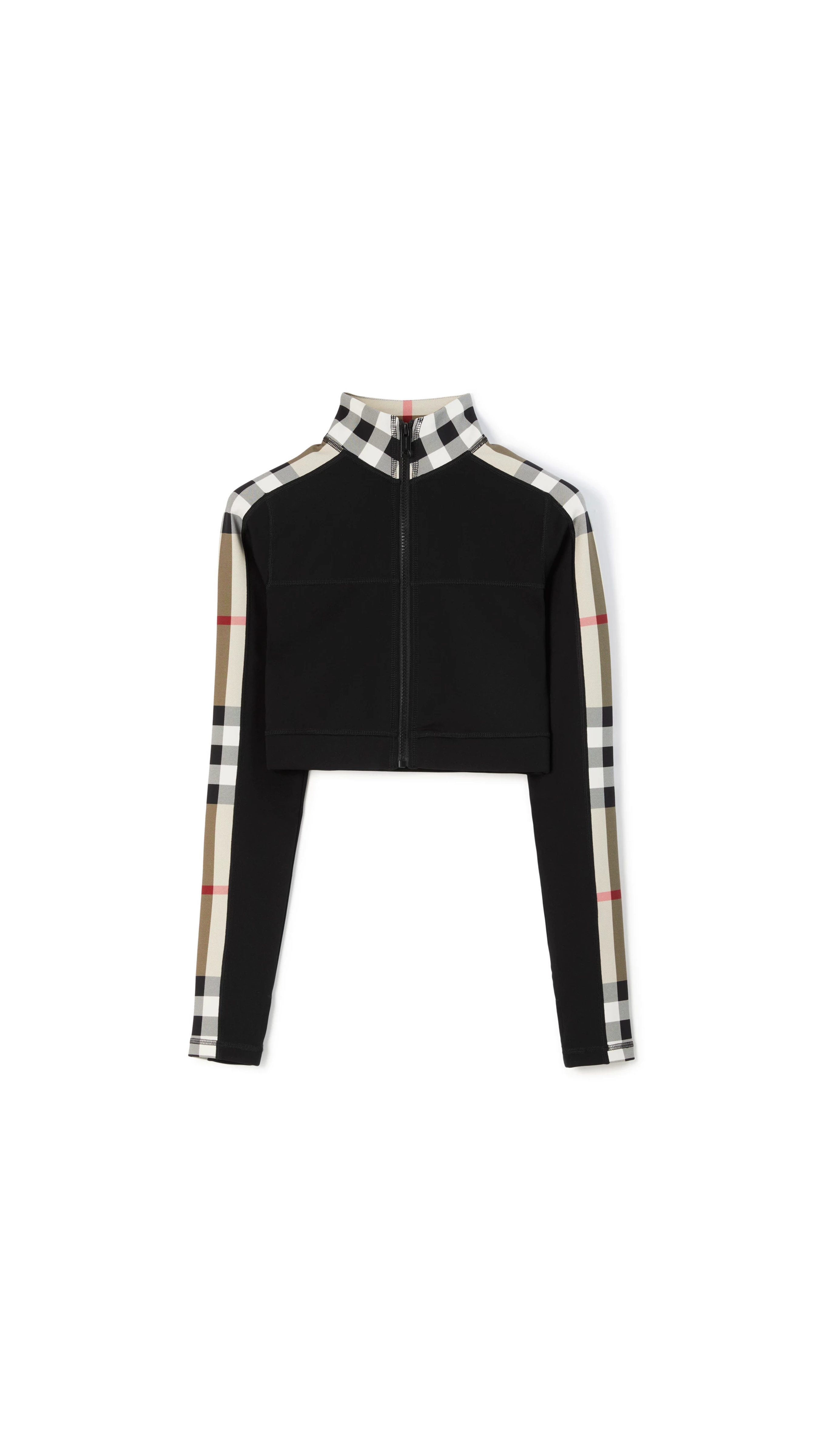 Cropped Check Trim Stretch Jersey Zip Top - Black
