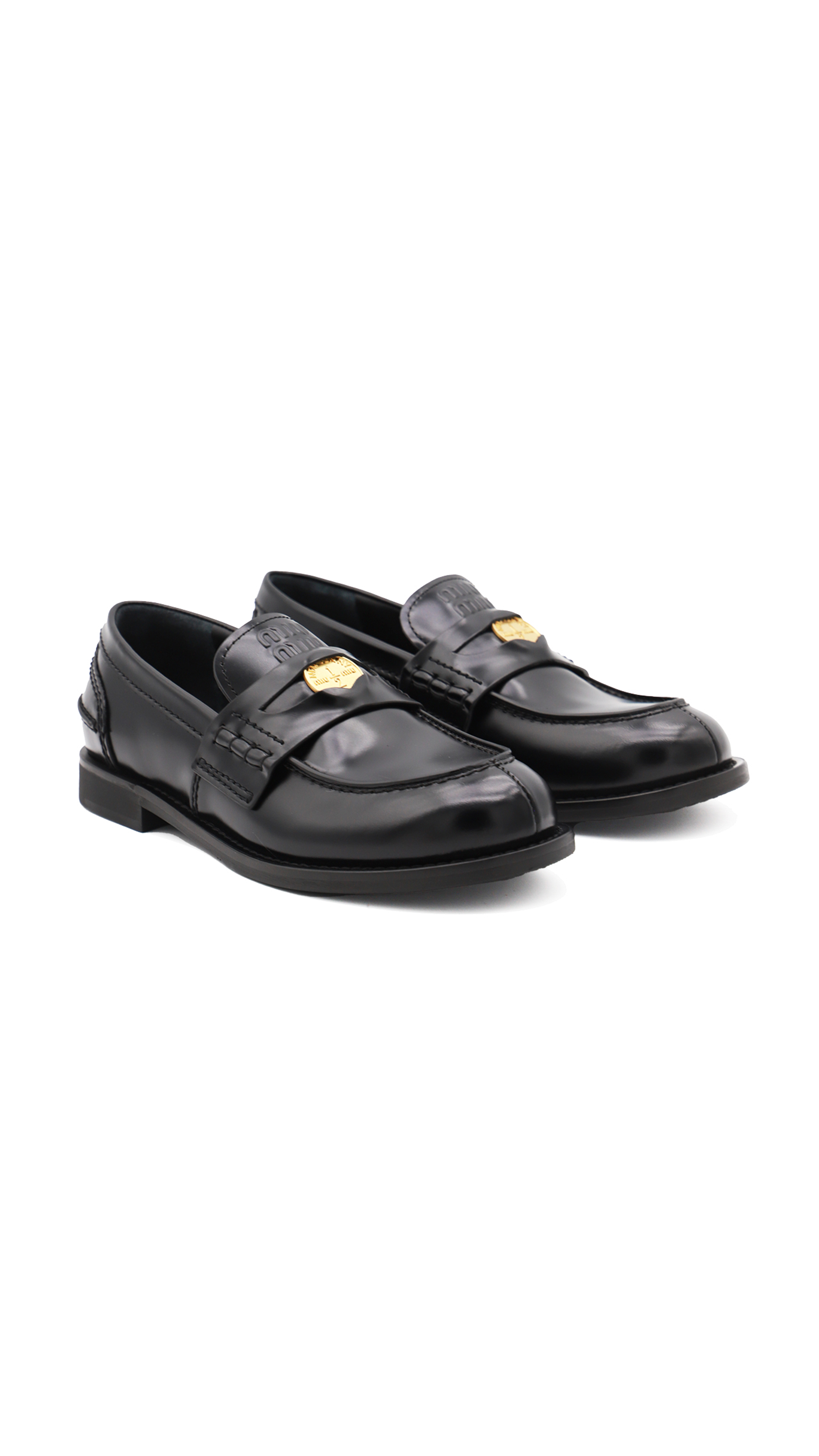 Brushed Leather Penny Loafers - Black/Gold