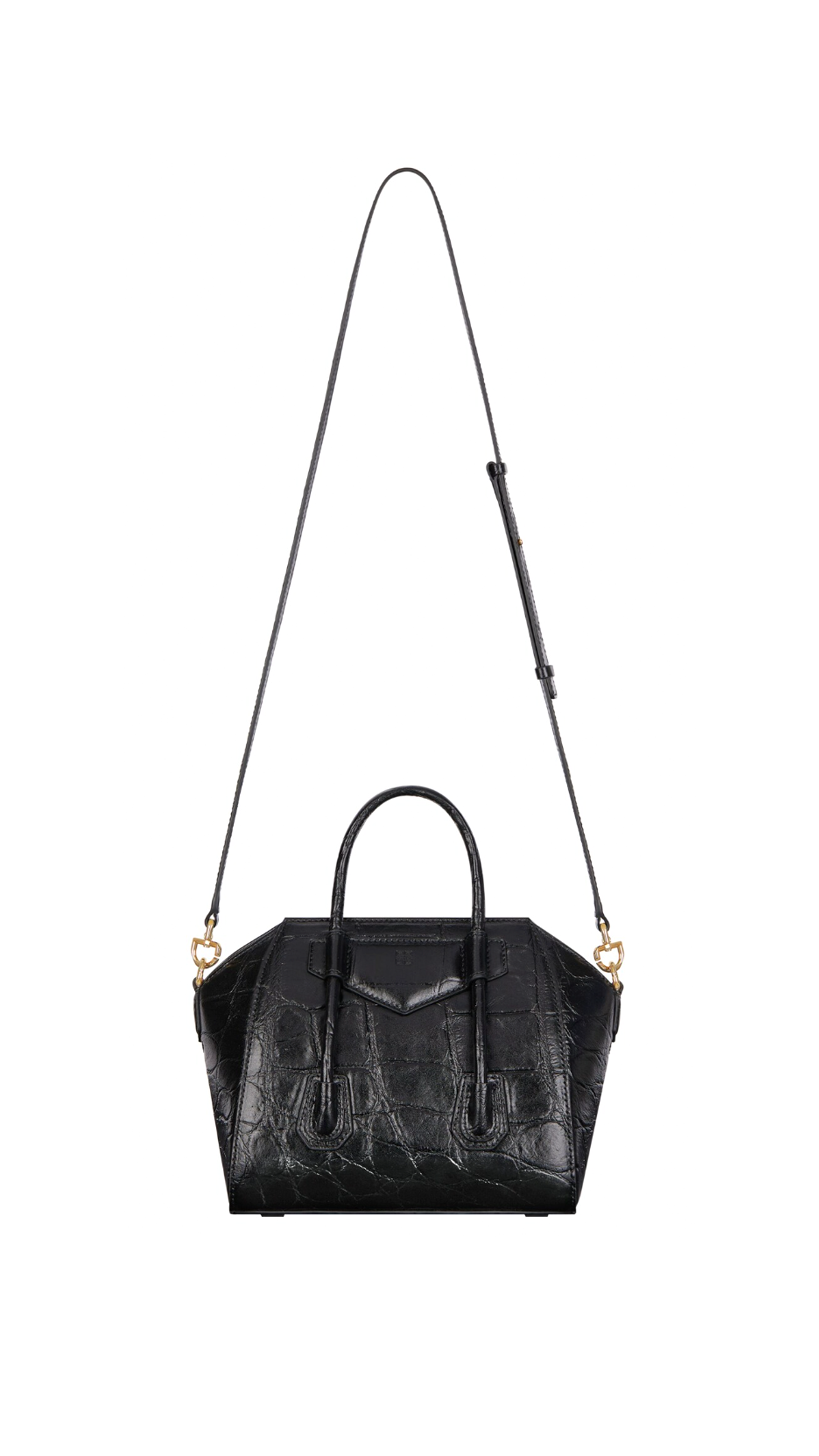 Mini Antigona Lock Bag in Crocodile Effect Leather - Black