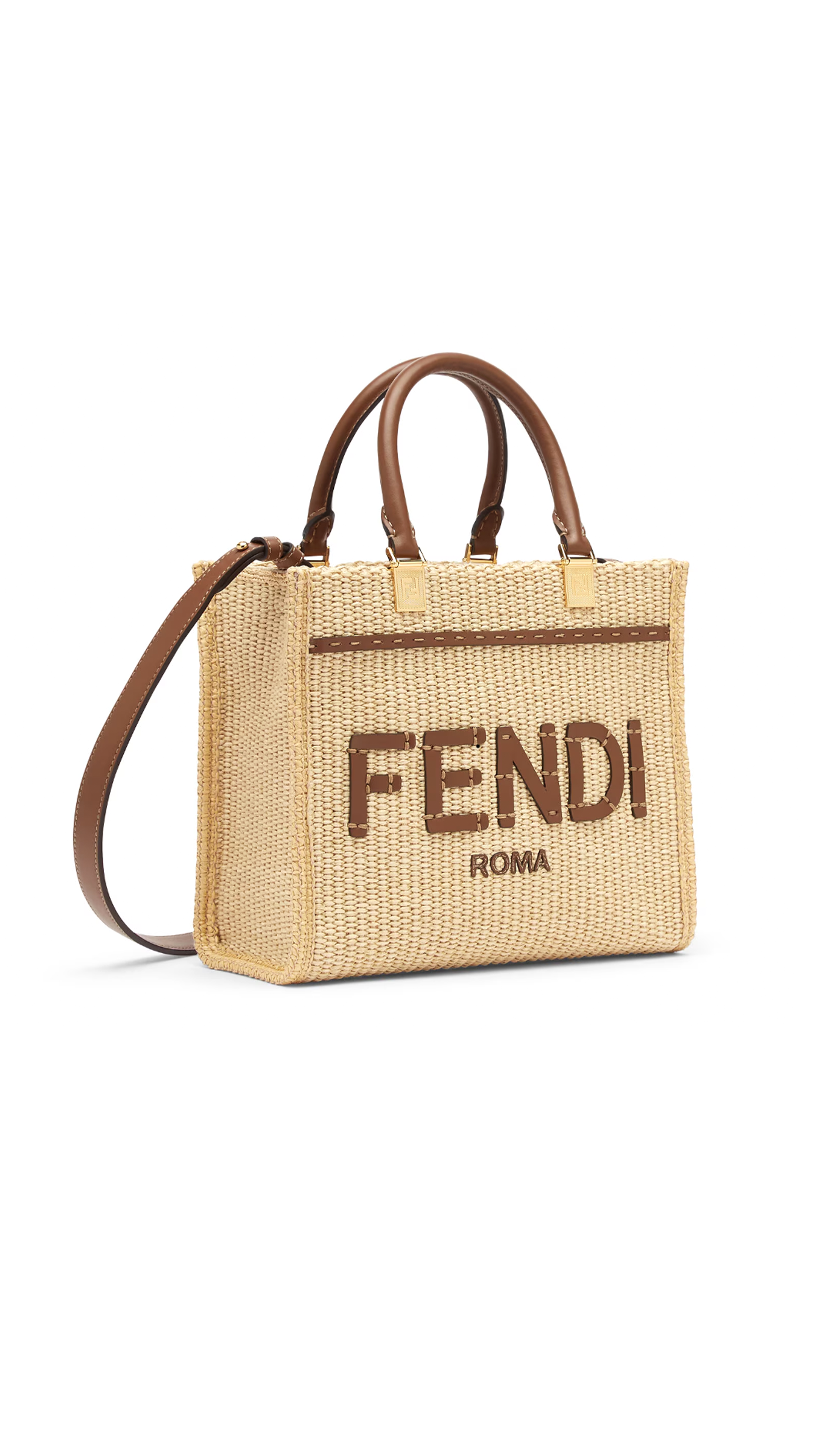 Fendi Sunshine Small in Raffia and Leather - Brown/Natural