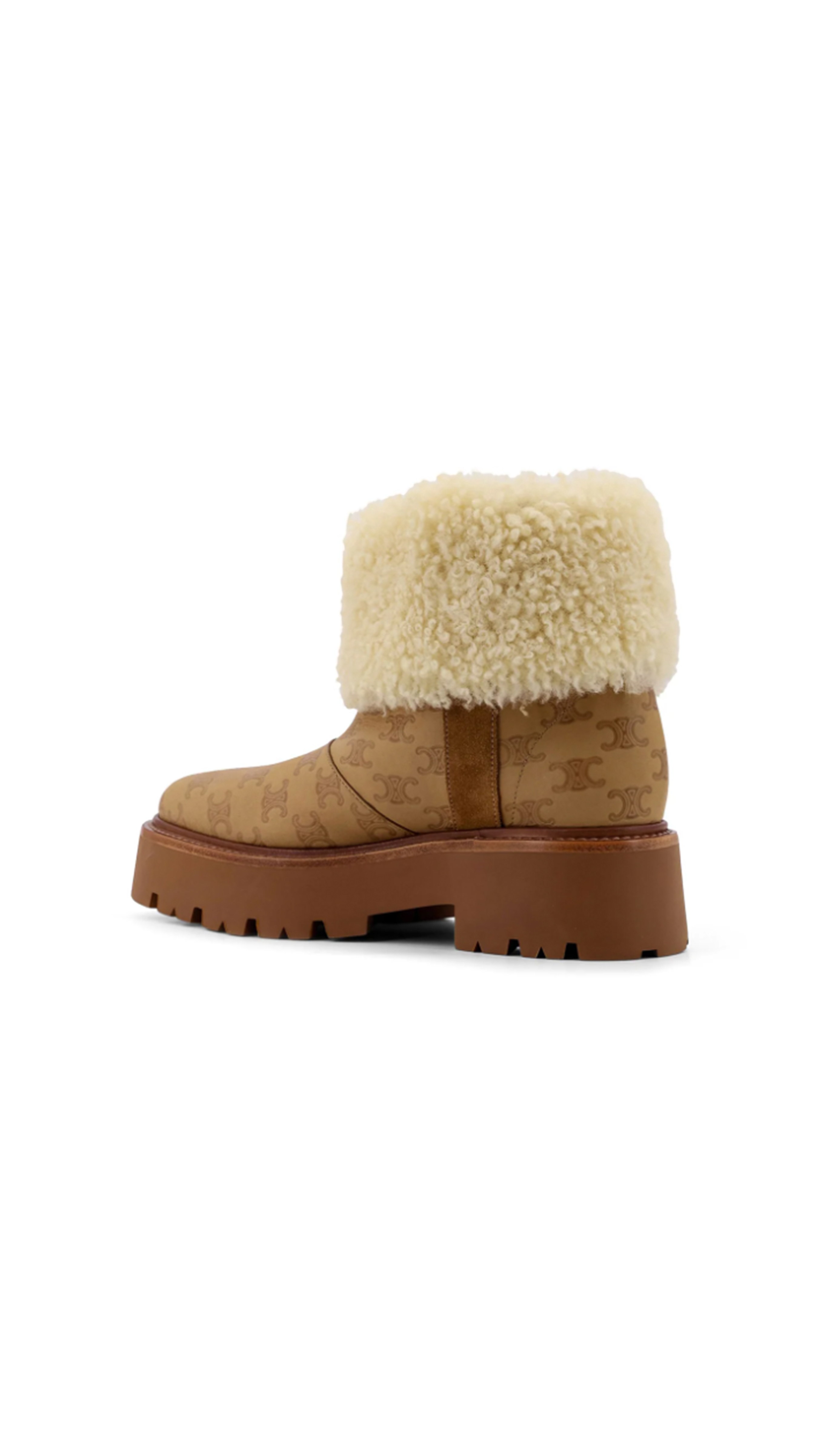 Bulky Cropped Boot with Triomphe Tassels in Suede Calfskin and Shearling - Havana