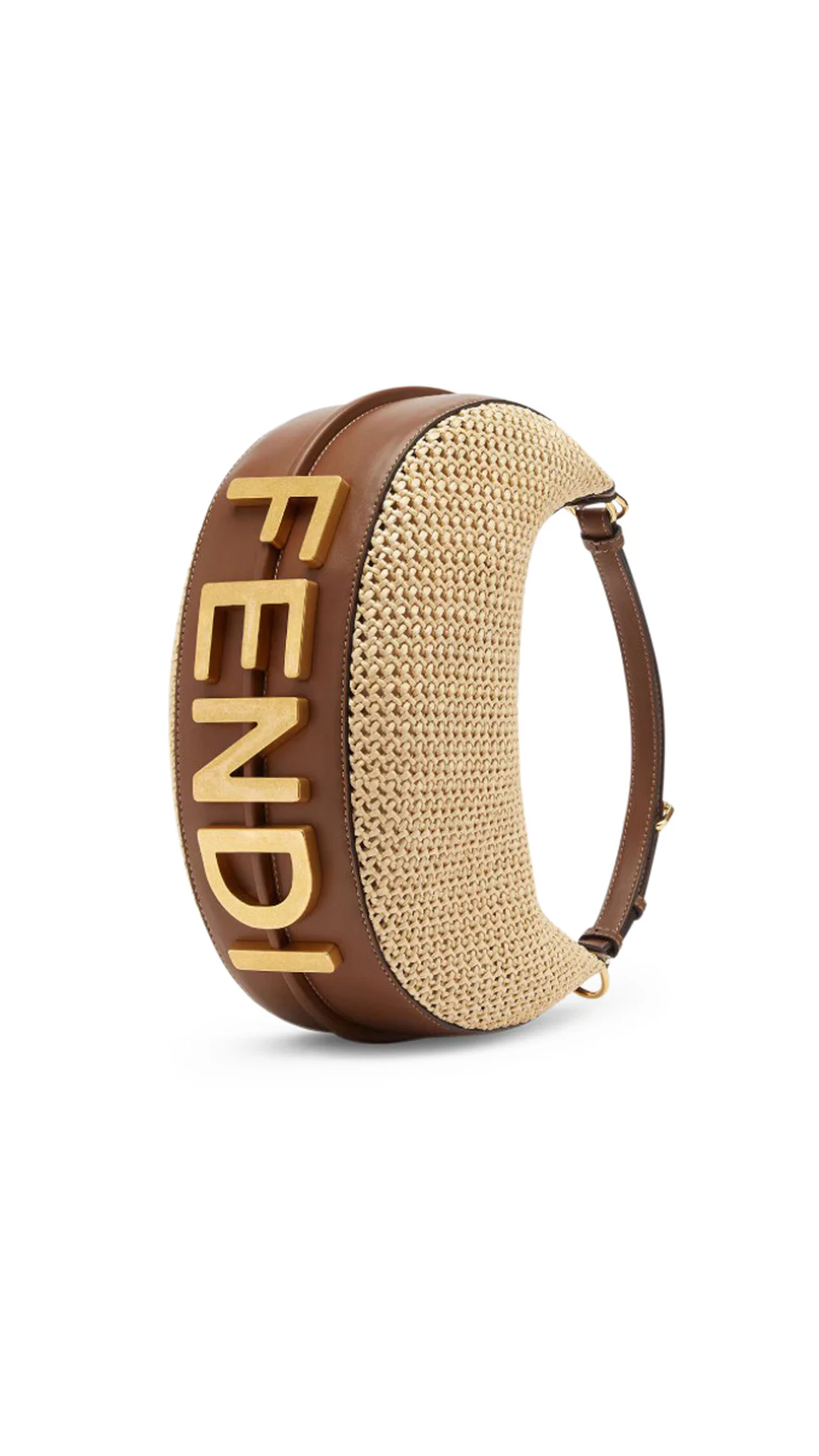 Fendigraphy Small in Leather and Macramé Raffia - Brown/Natural