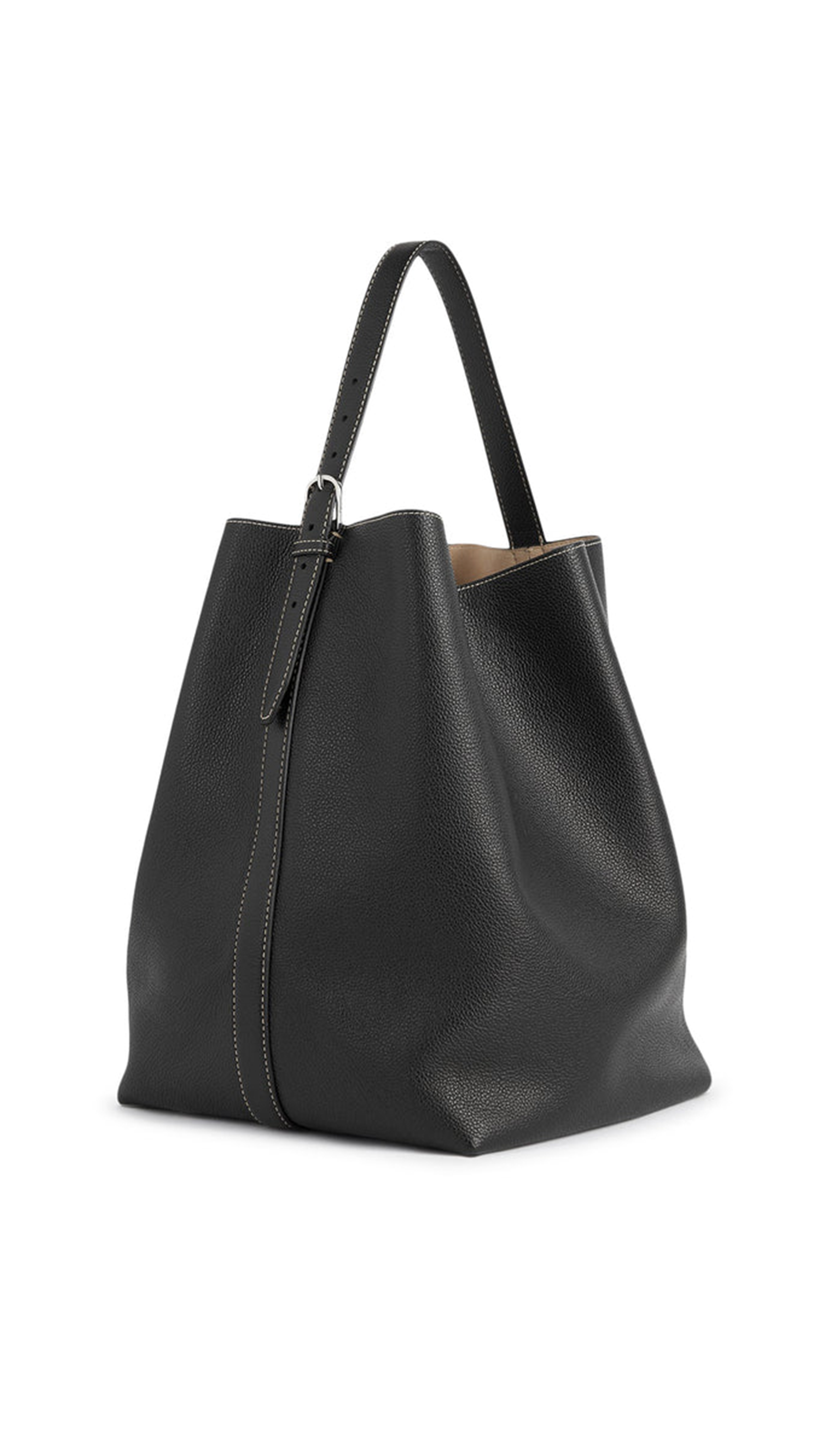 Belted Grained Leather Tote - Black