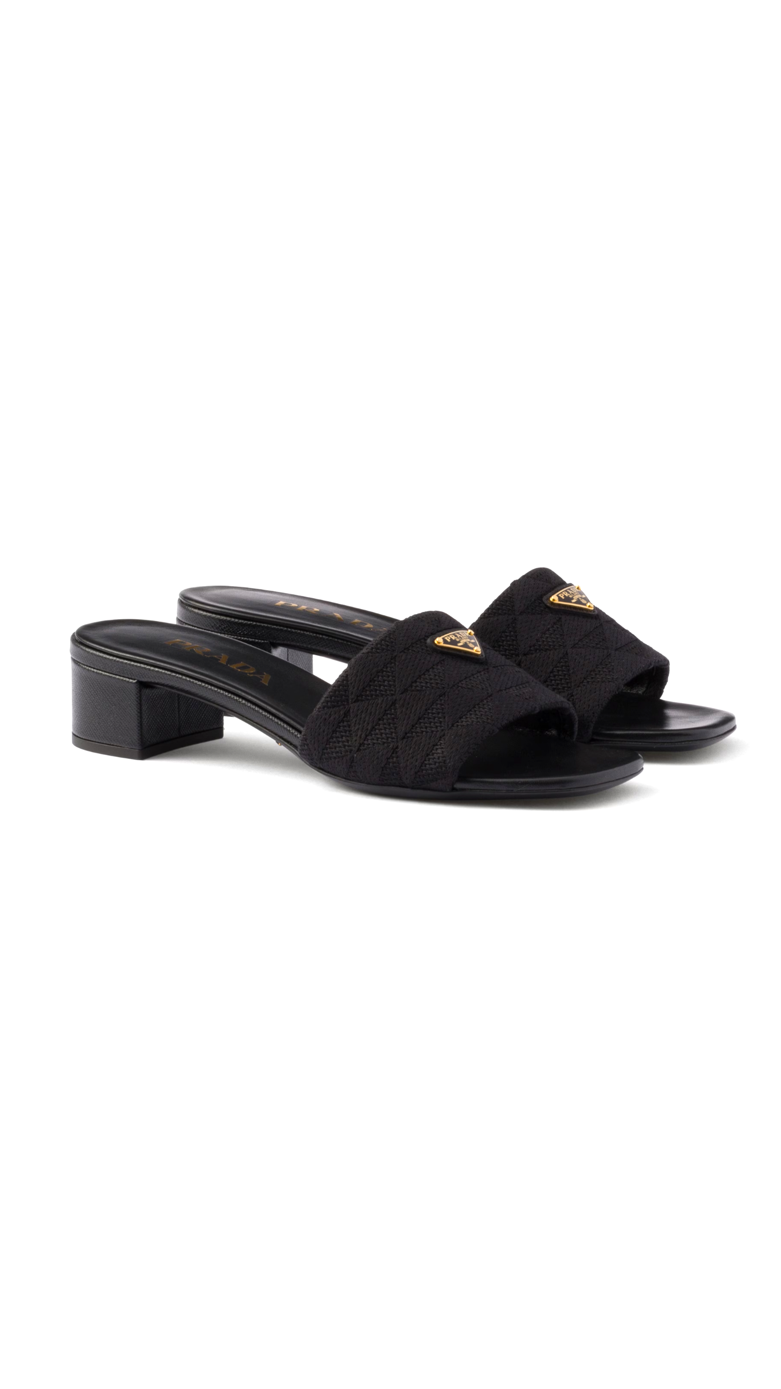 Embroidered Heeled Fabric Slides - Black