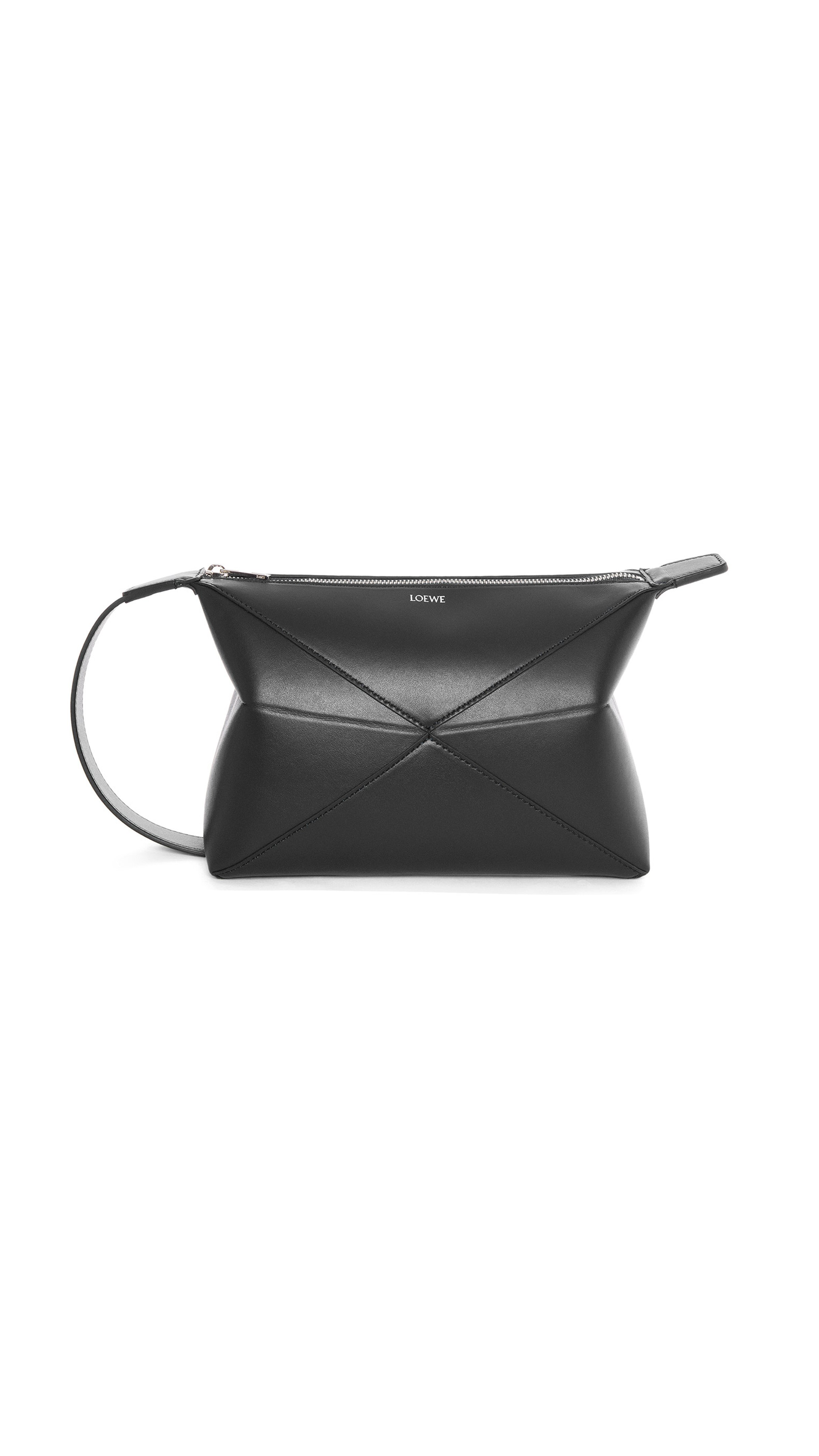 Puzzle Fold Wash Bag in Shiny Calfskin - Black