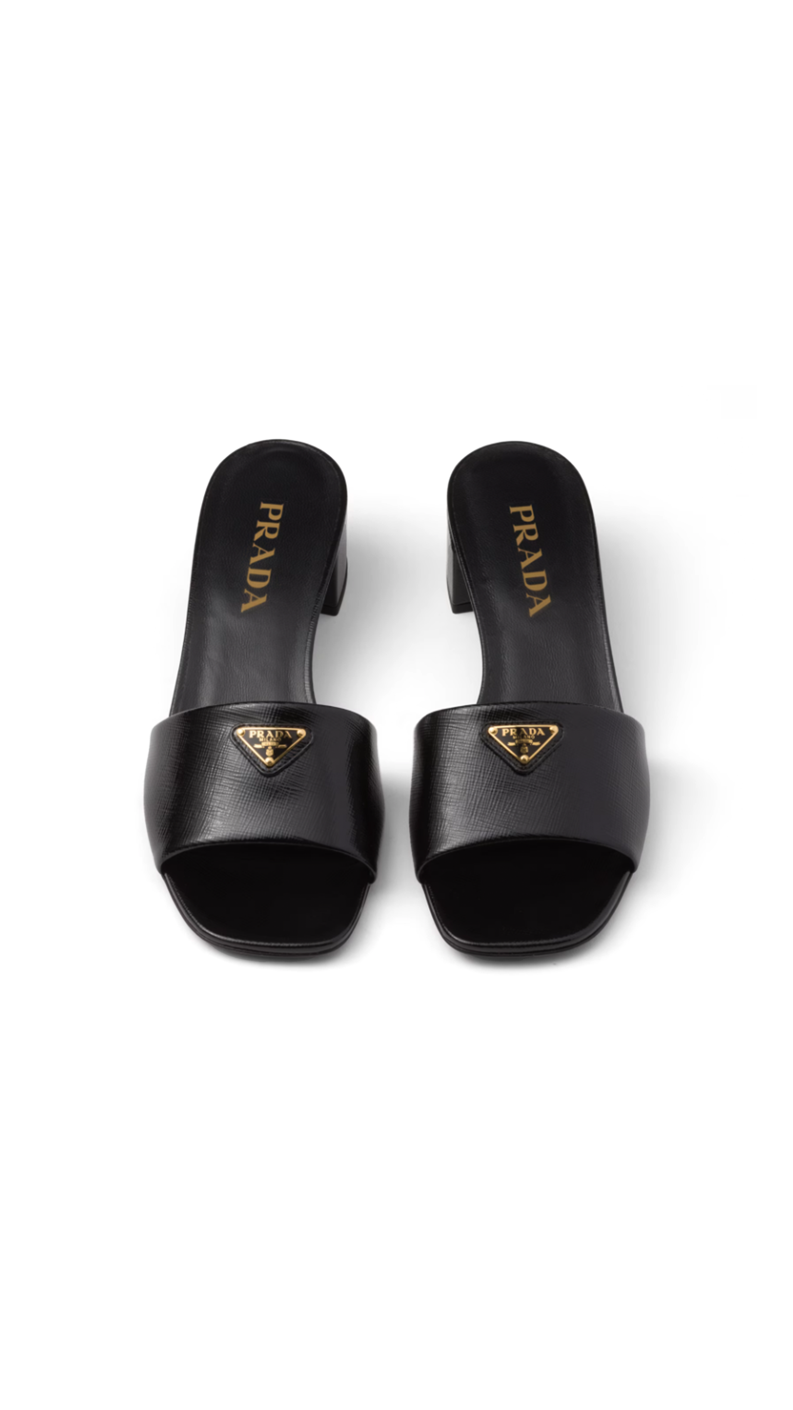 Saffiano Heeled Patent Leather Mules - Black