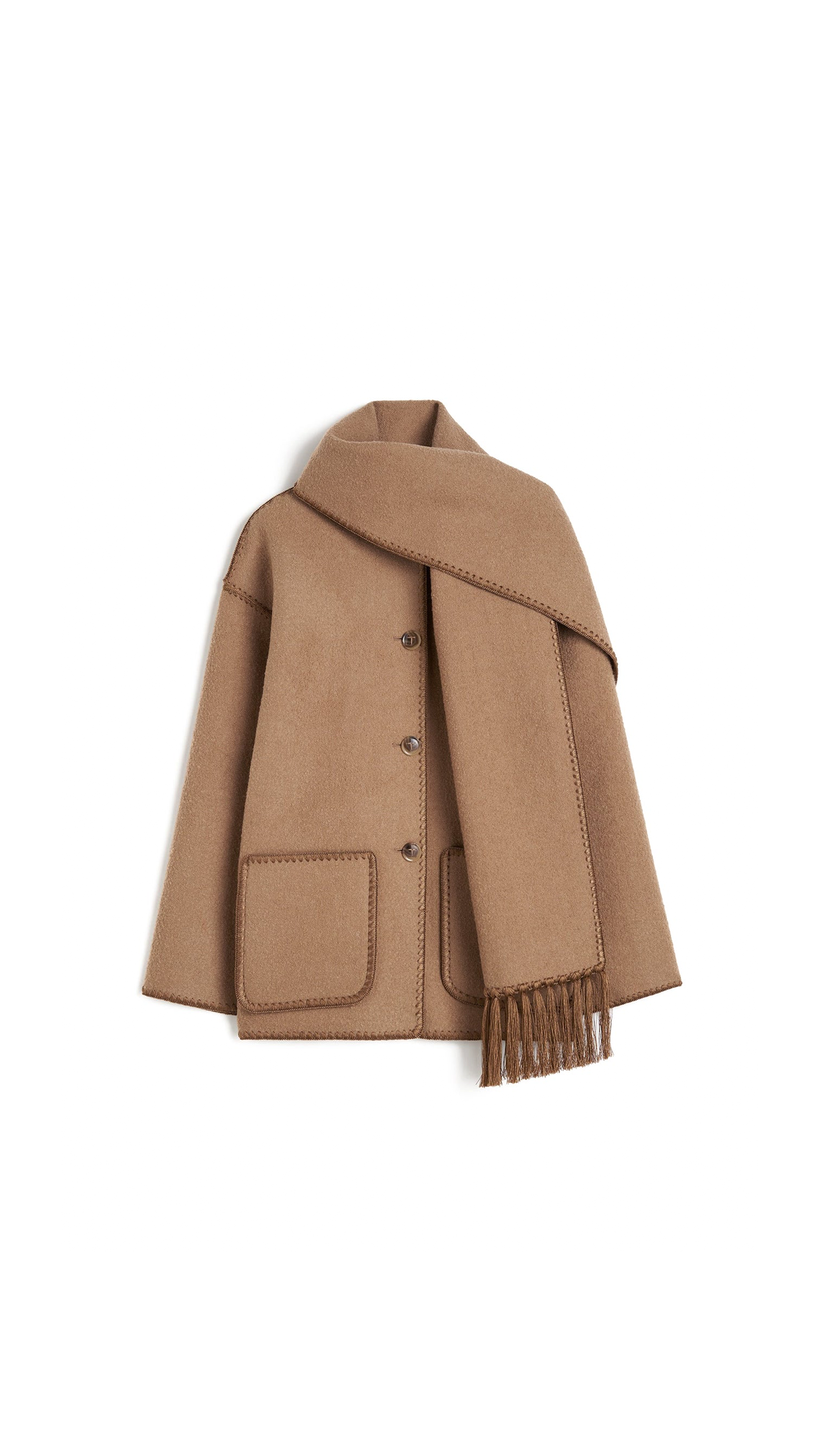 Embroidered Wool-Blend Scarf Jacket - Camel