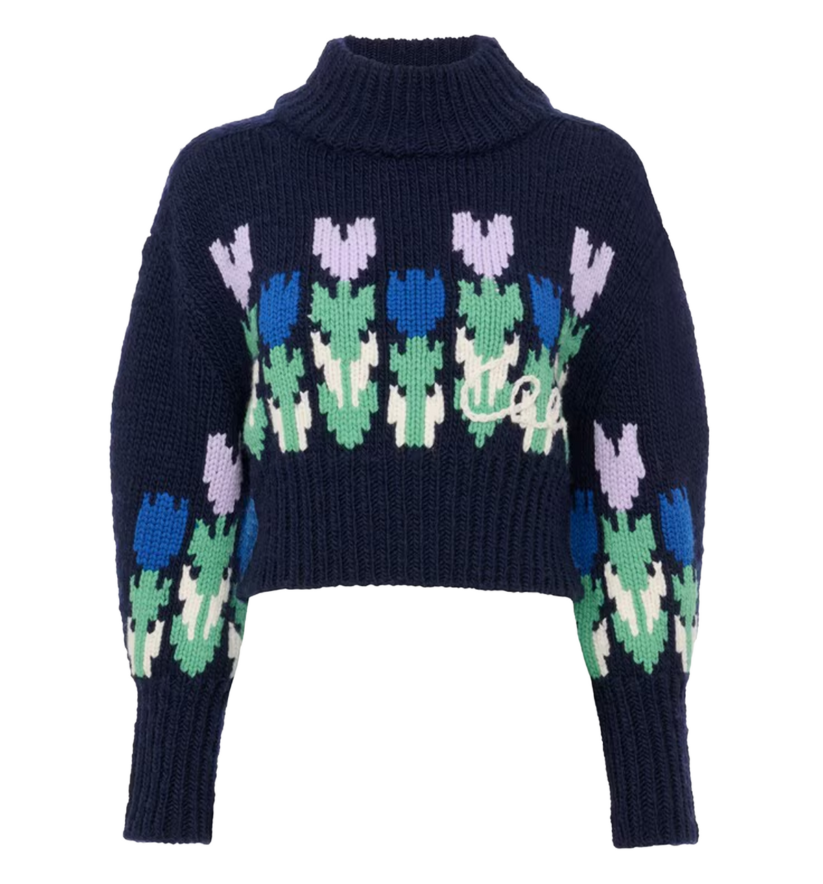 Cropped mock-neck logo sweater