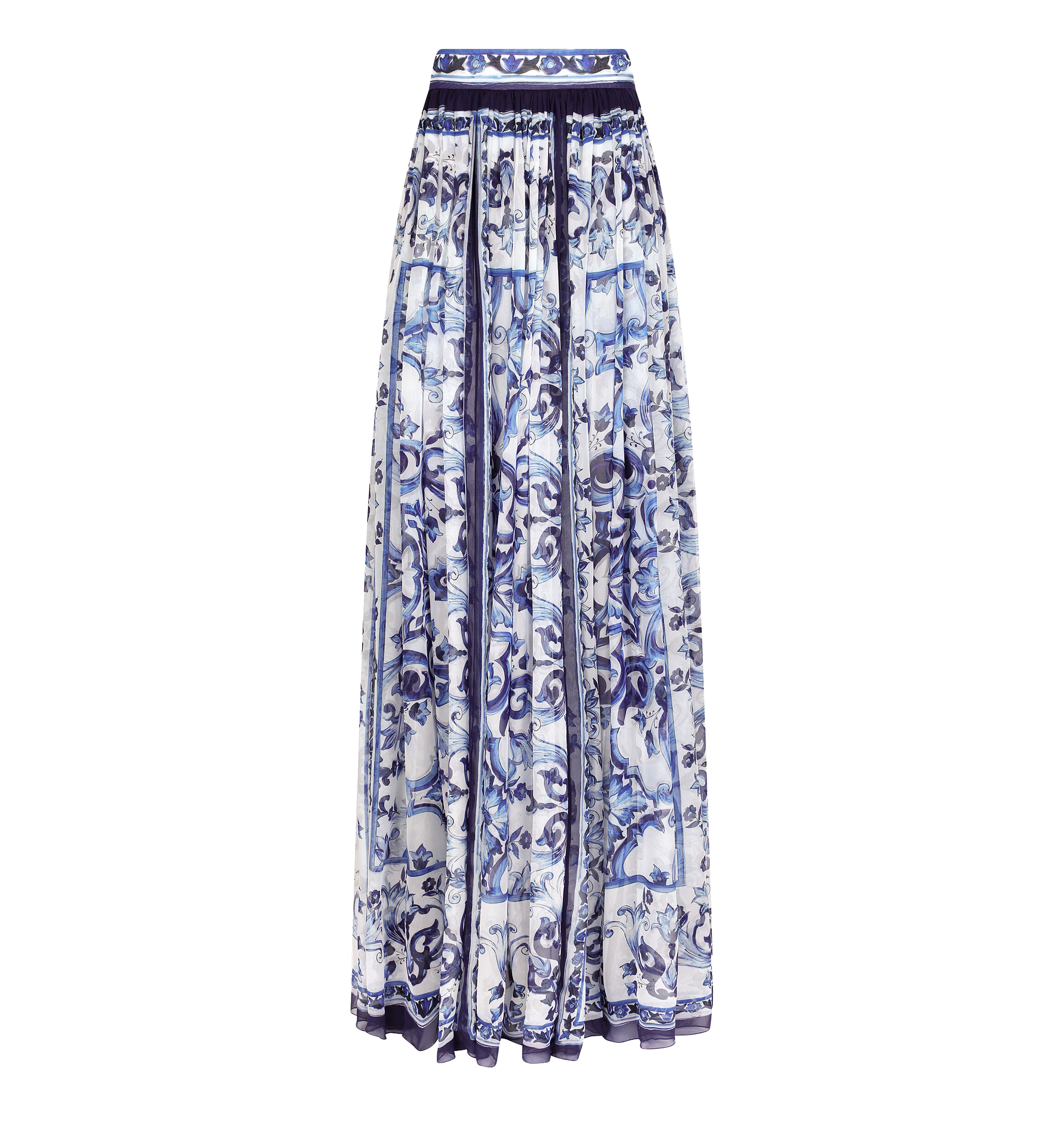 Long majolica-print chiffon skirt
