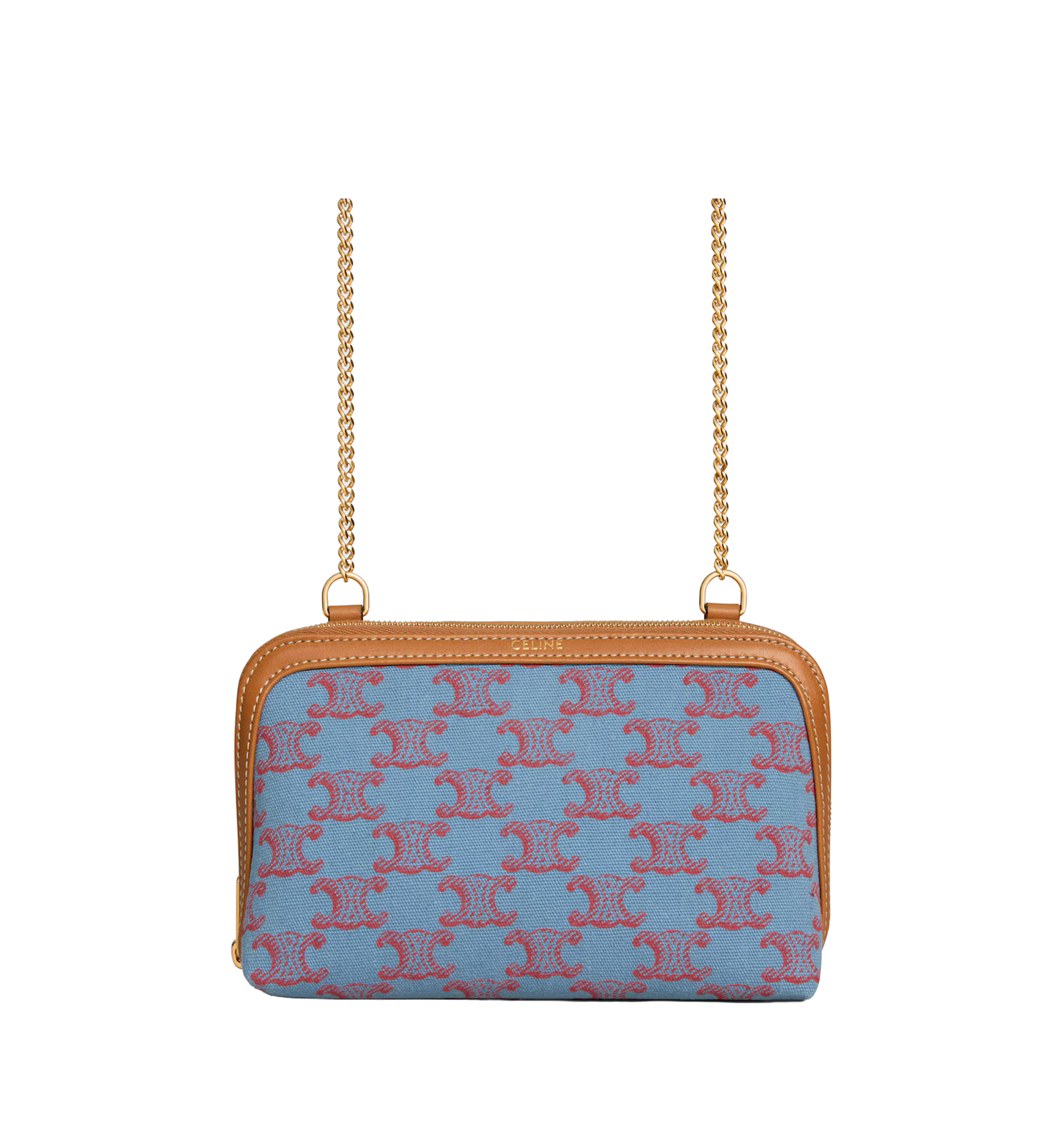 Clutch On Chain In Textile With Triomphe All Over And Natural Calfskin
