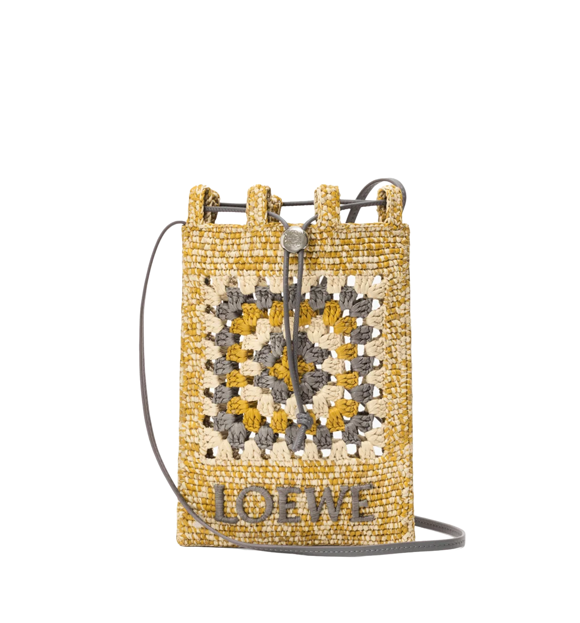Drawstring pocket in classic calfskin and raffia