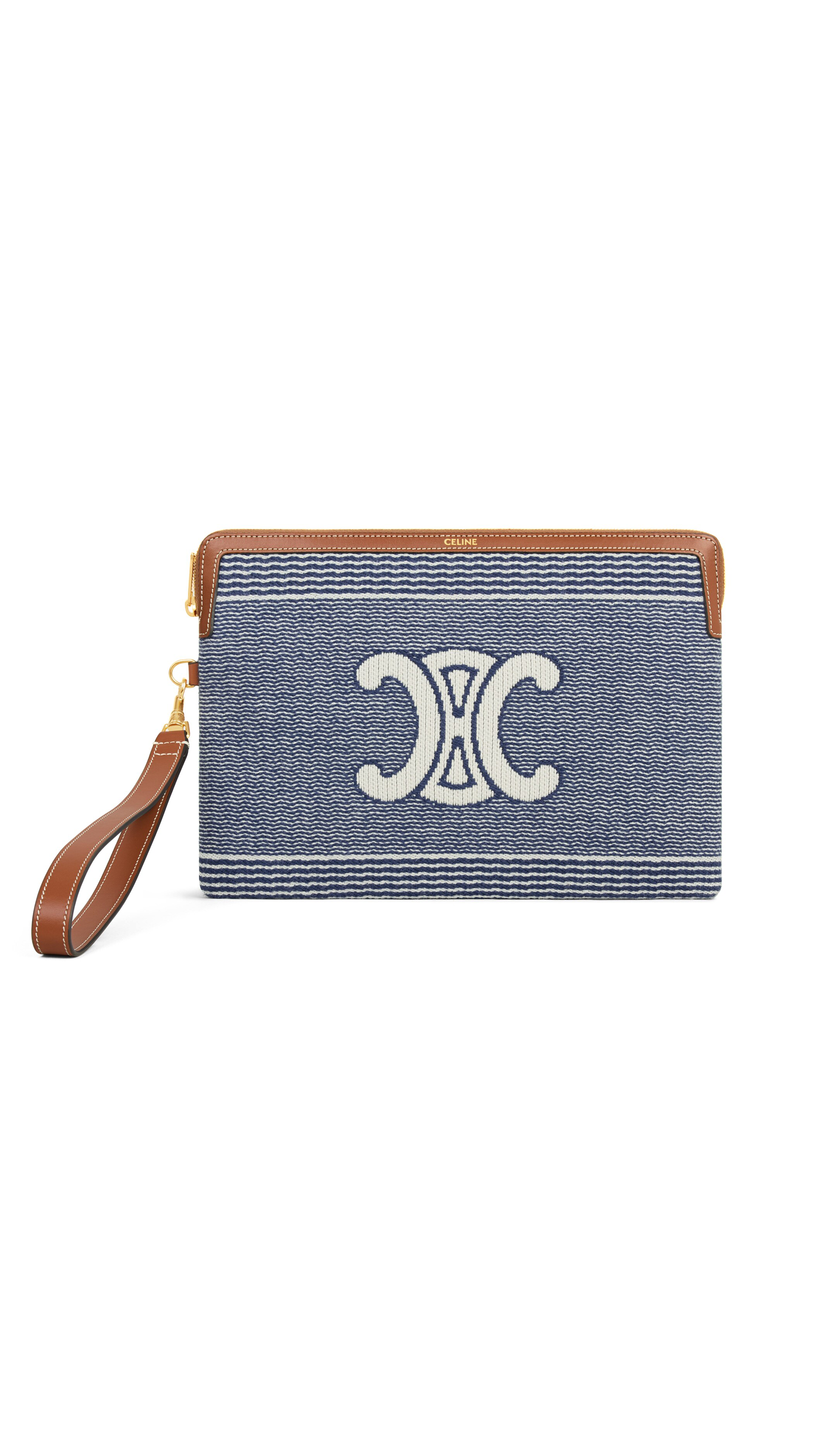 Small Pouch with Strap in Striped Textile with Triomphe - Beige&Blue