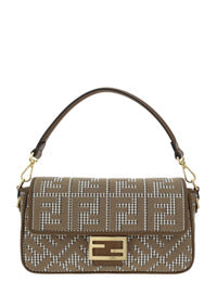 Houndstooth Wool Baguette Bag With FF Embroidery - Brown