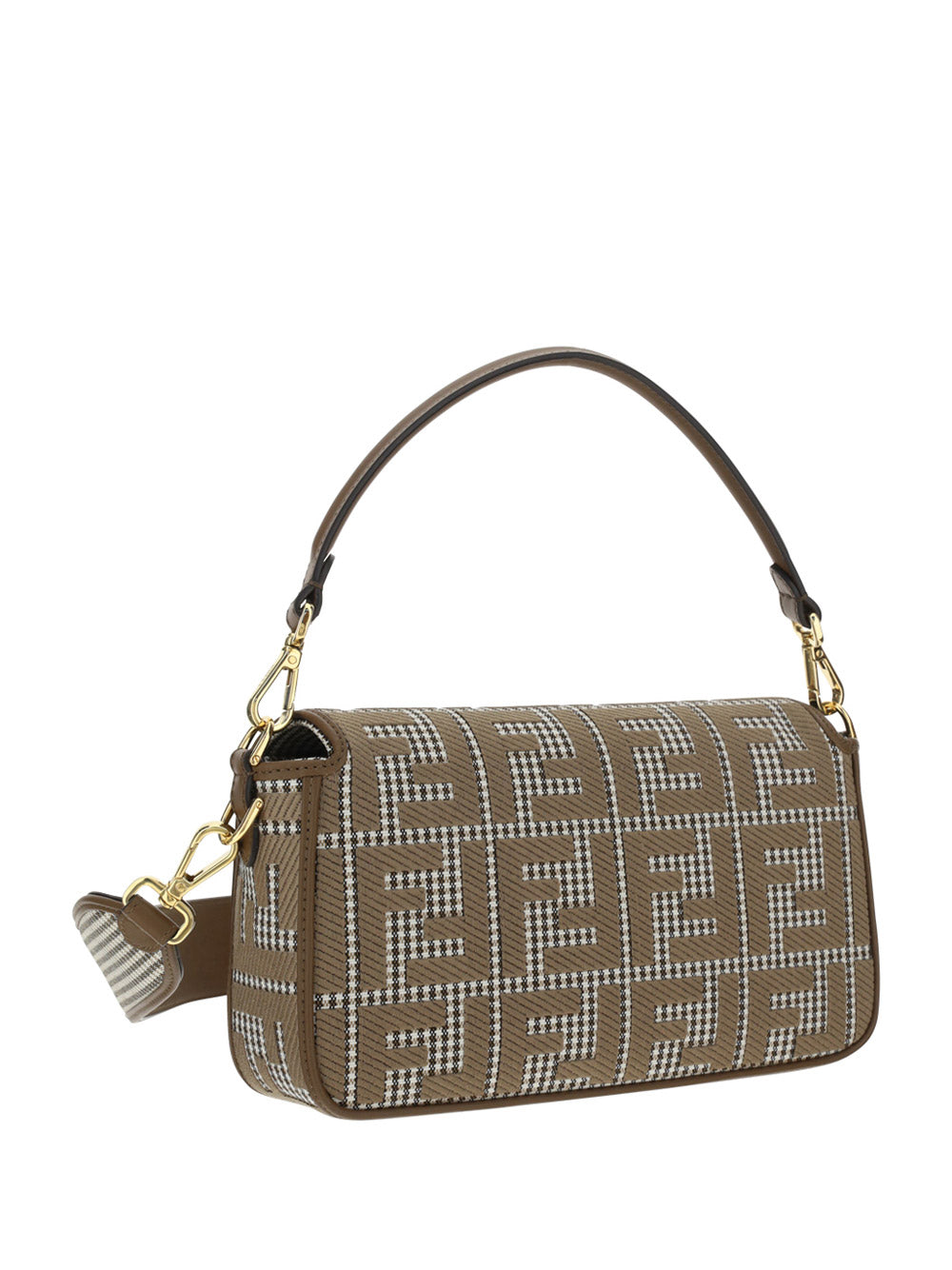 Houndstooth Wool Baguette Bag With FF Embroidery - Brown