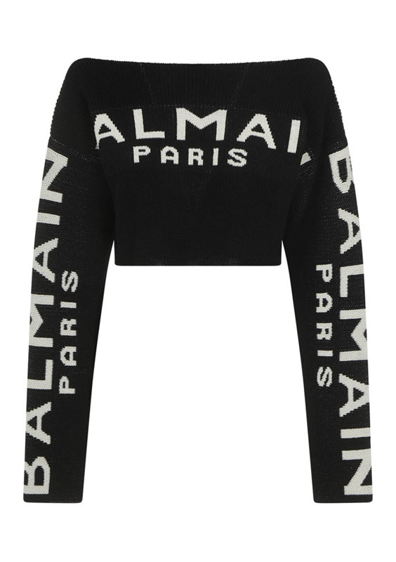 Cropped Knit Sweater With Graffiti Balmain Logo Print - Black