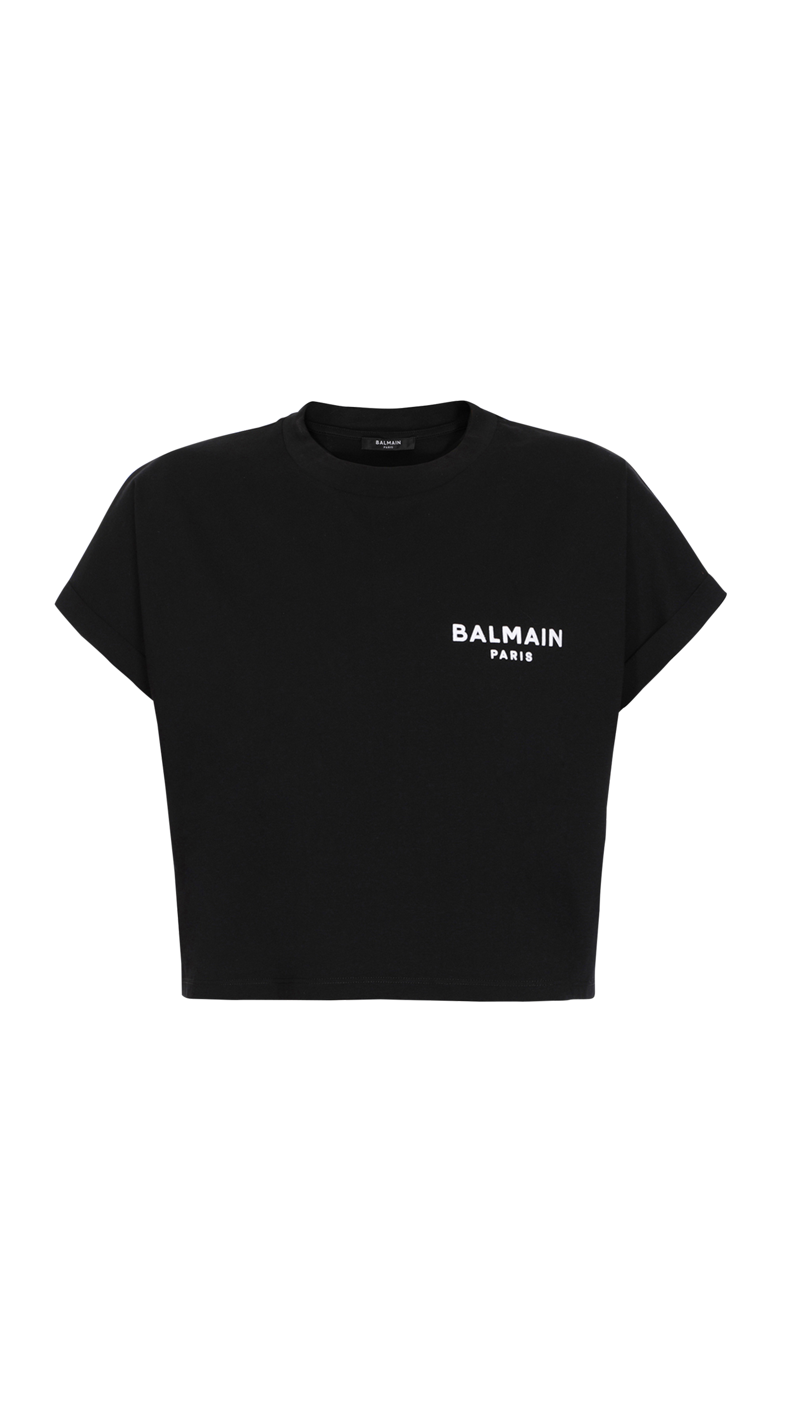 Cropped eco-designed cotton T-shirt with small flocked Balmain logo - Black