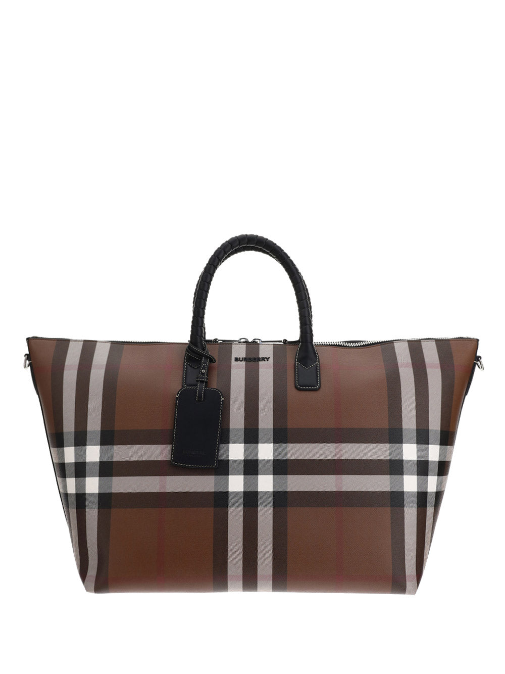 Check and Leather Holdall - Dark Birch Brown