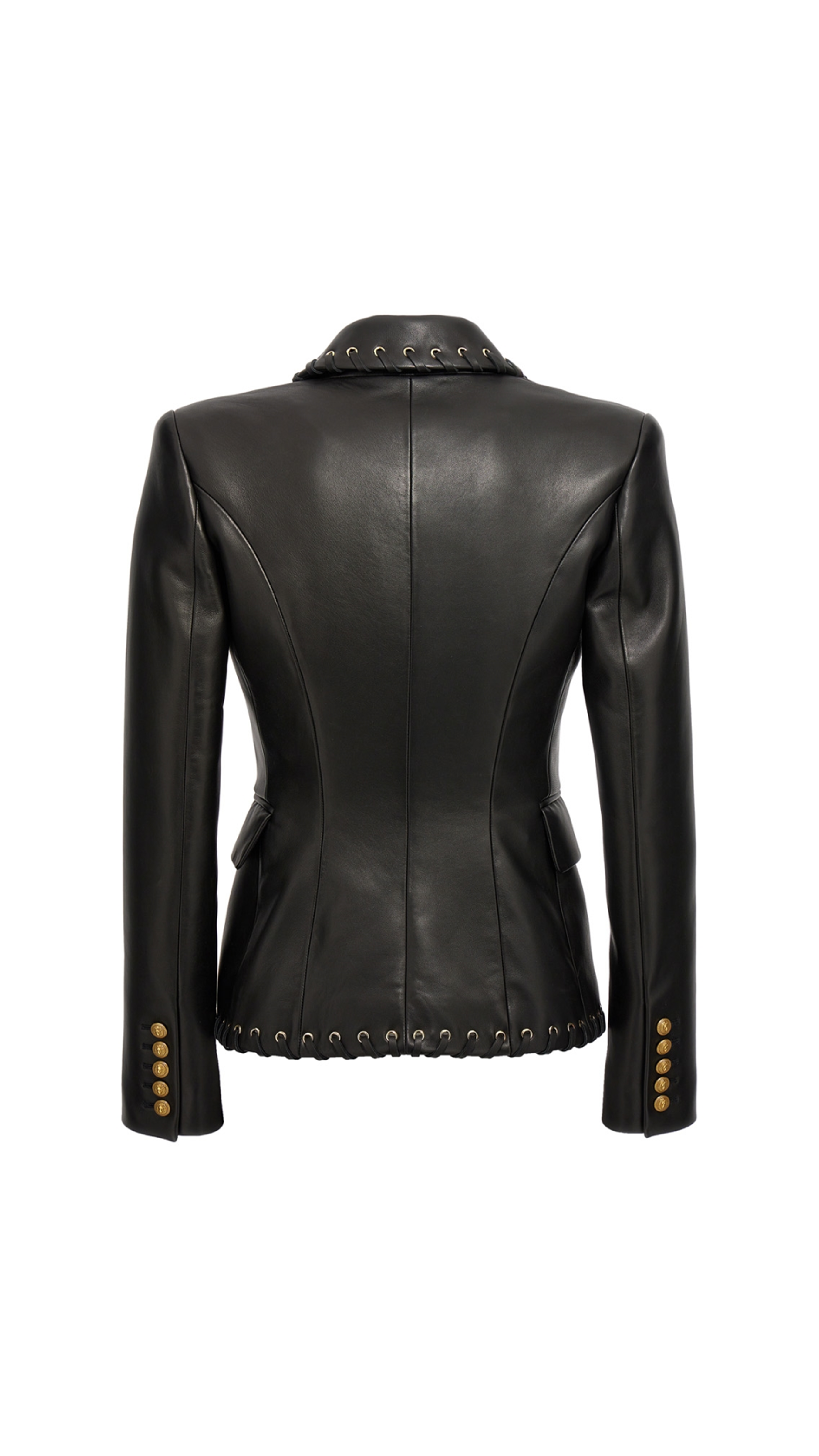 Double-breasted Leather Blazer with Leather Lacing - Black