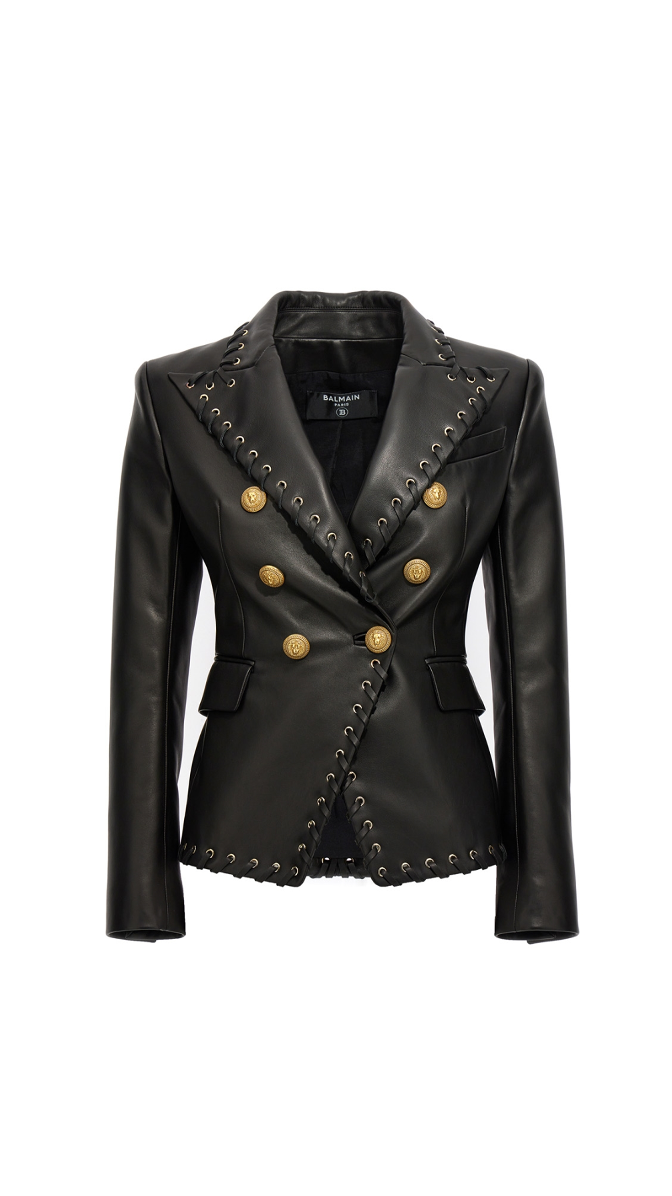 Double-breasted Leather Blazer with Leather Lacing - Black