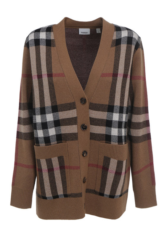 Check Wool Cashmere Jacquard Cardigan - Brown.