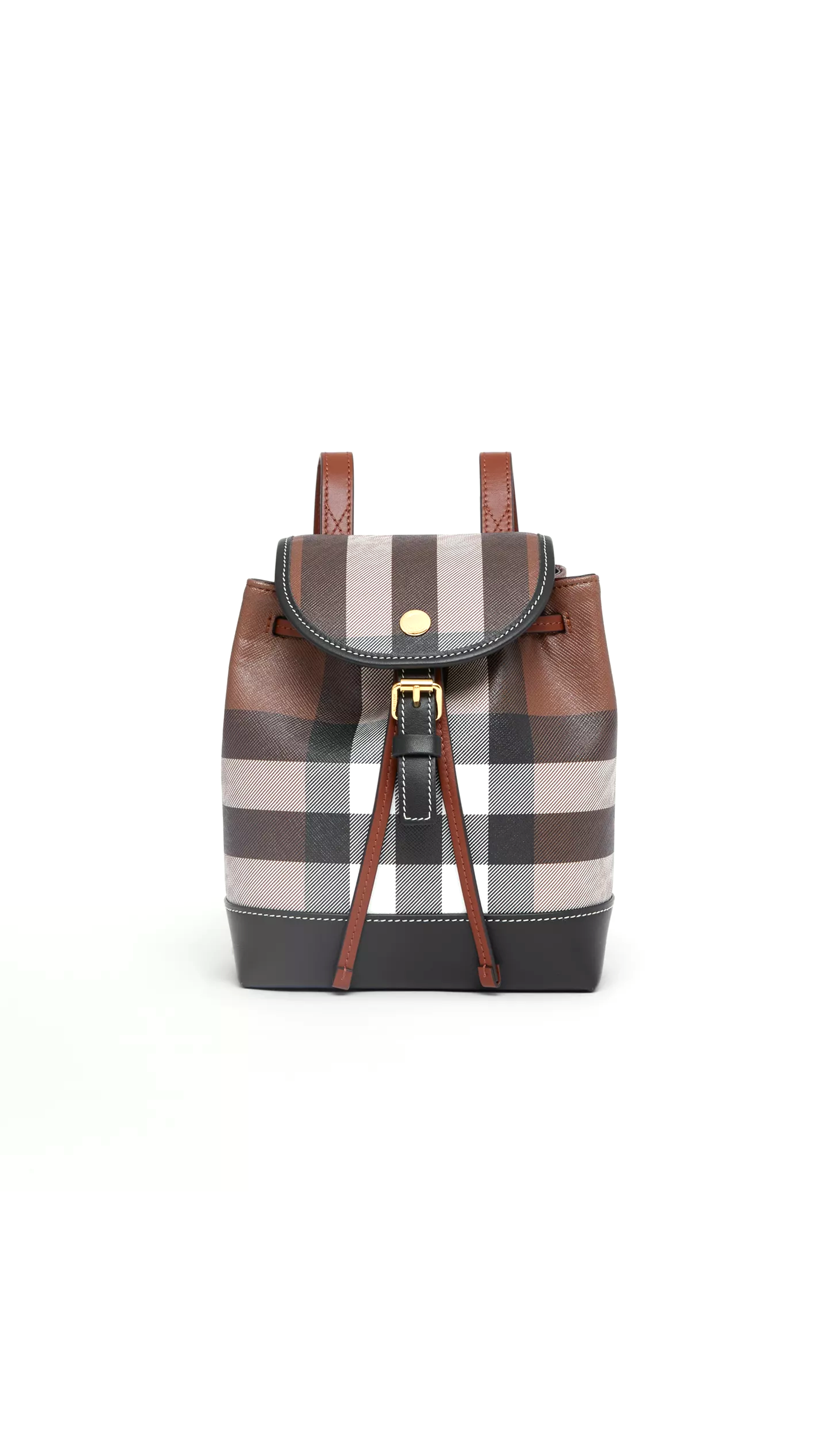 Check and Leather Micro Backpack - Dark Birch Brown