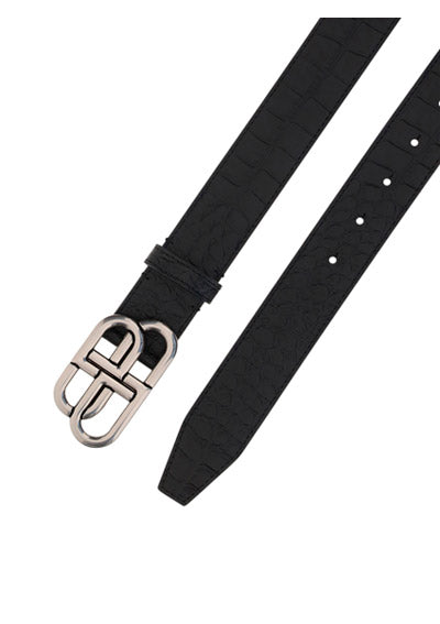 BB Large Belt in Embossed Crocodile Leather & Palladium Buckle - Black