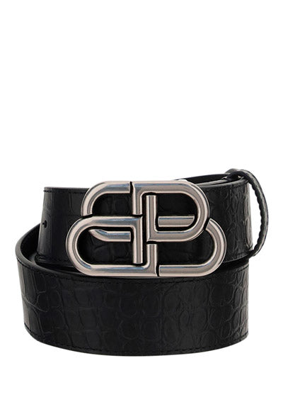 BB Large Belt in Embossed Crocodile Leather & Palladium Buckle - Black