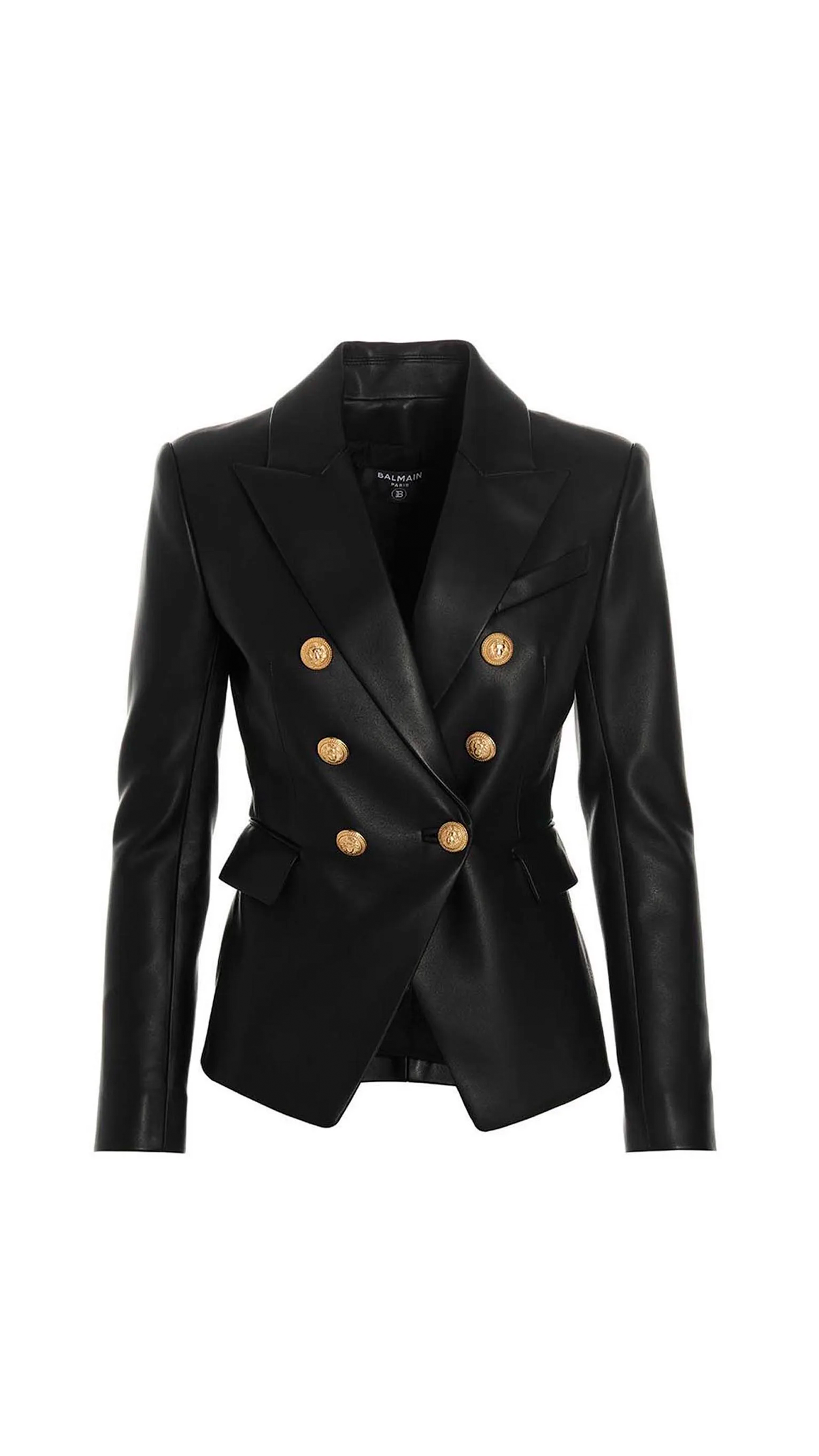 Double Breasted Leather Blazer - Black