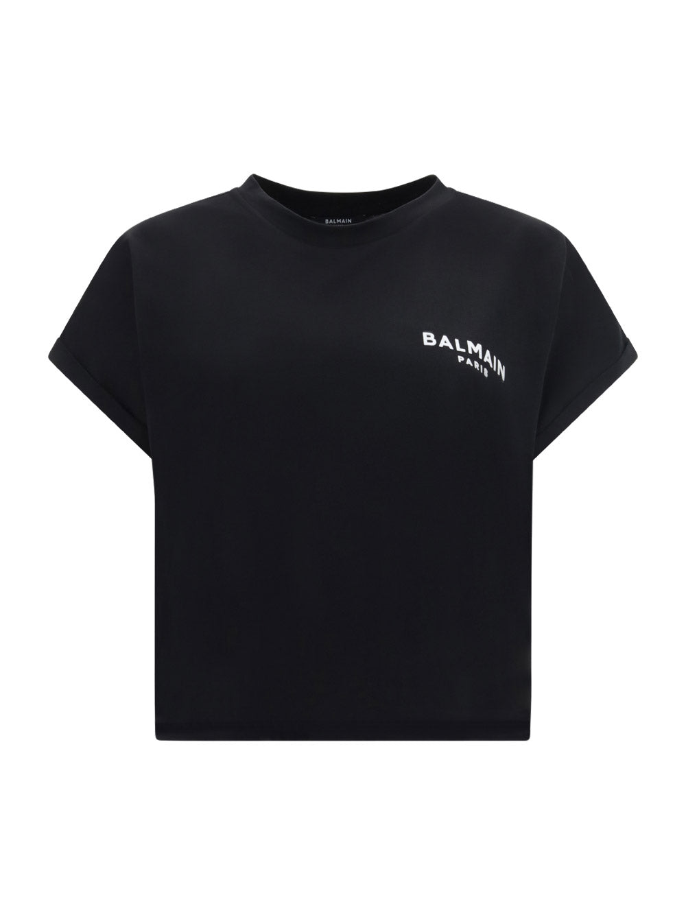 Cropped eco-designed cotton T-shirt with small flocked Balmain logo - Black