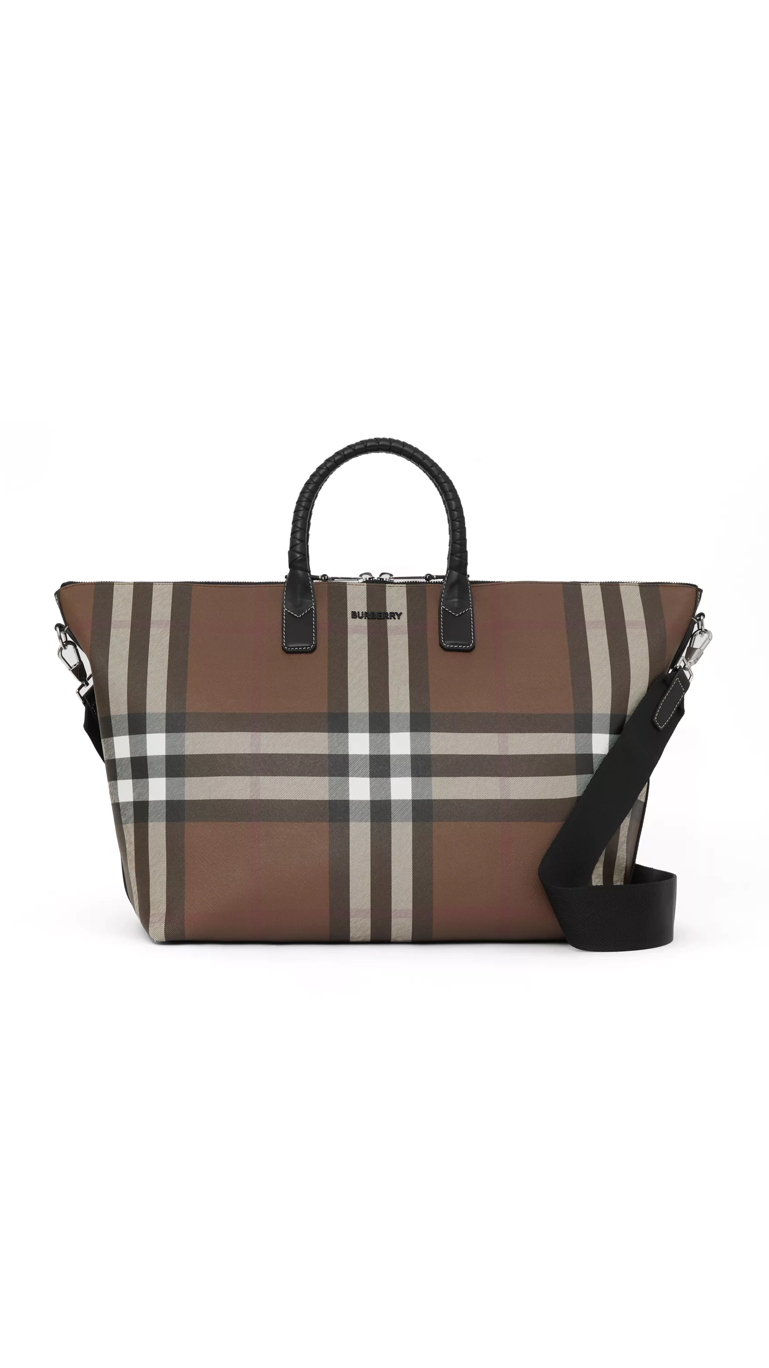 Check and Leather Holdall - Dark Birch Brown