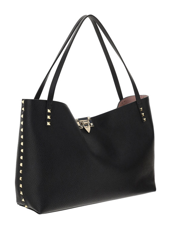 Medium Rockstud Bag in Grainy Calfskin with Contrasting Lining - Black