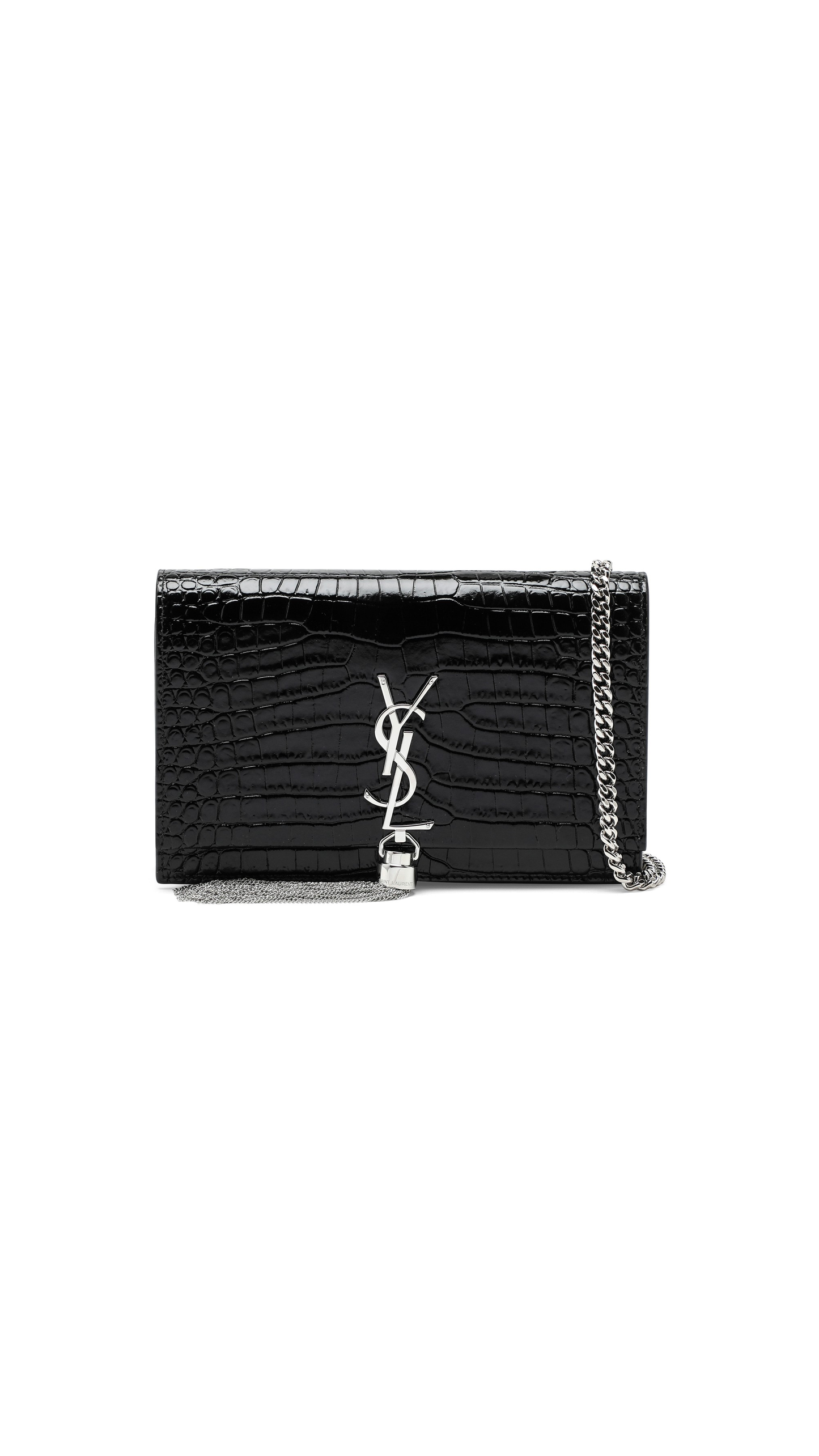 Kate Chain Wallet With Leather Tassel In Crocodile-Embossed Leather - Black