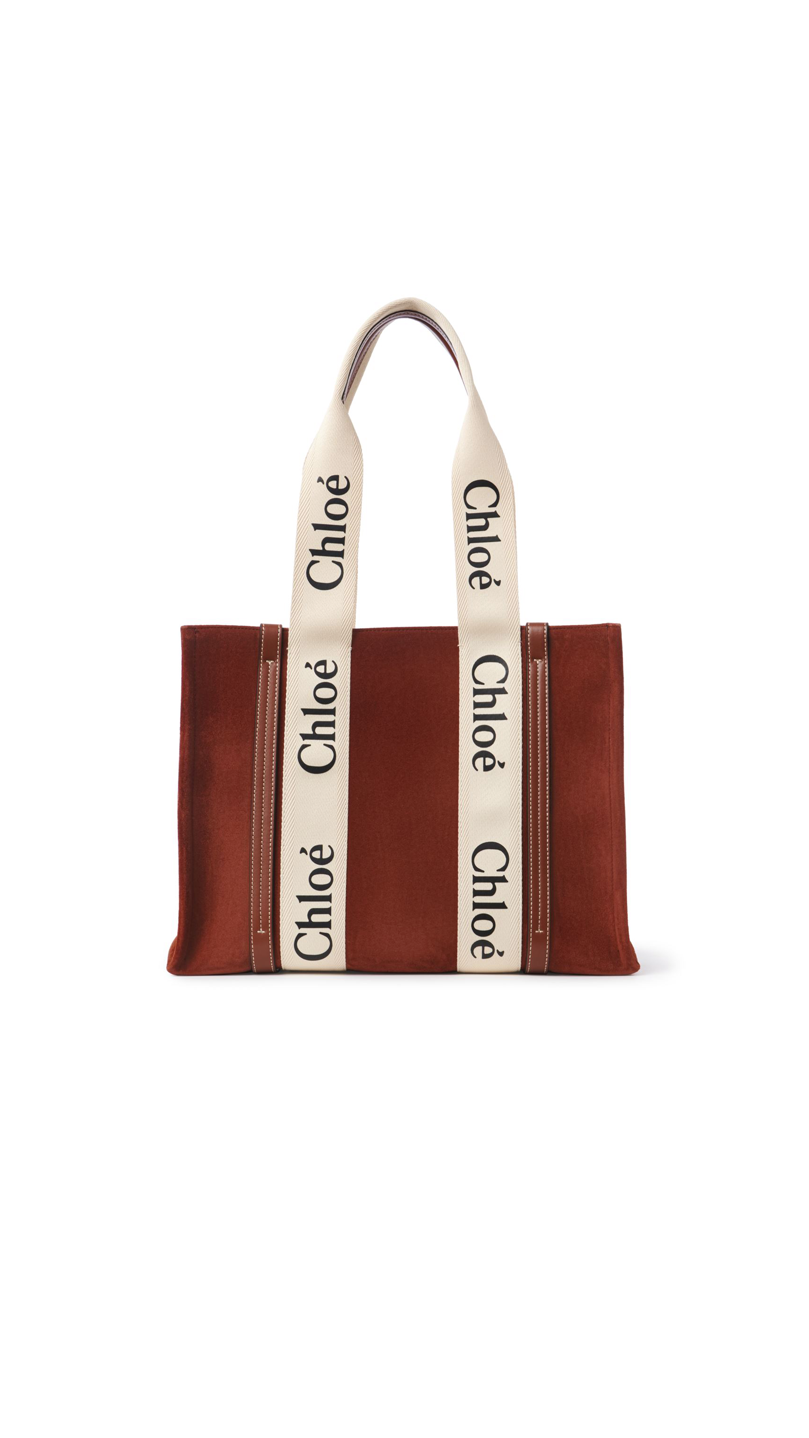 Medium Woody Tote Bag in Suede & Shiny Calfskin - Sepia Brown