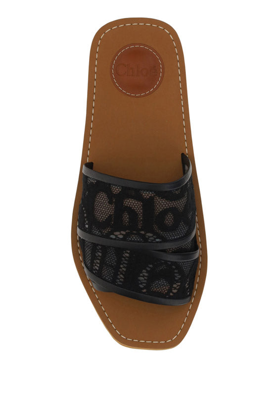 Woody Lace Mule Sandals - Black