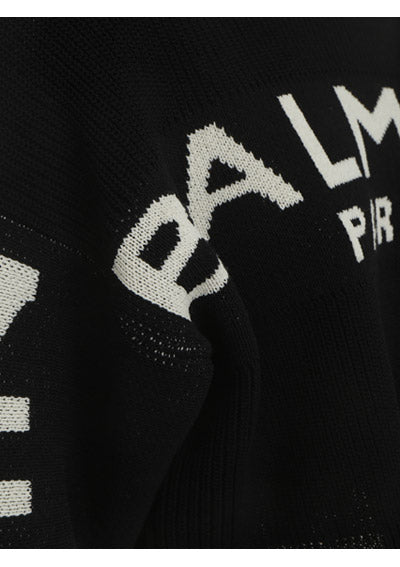 Cropped Knit Sweater With Graffiti Balmain Logo Print - Black