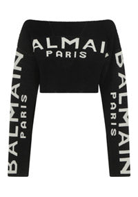 Cropped Knit Sweater With Graffiti Balmain Logo Print - Black