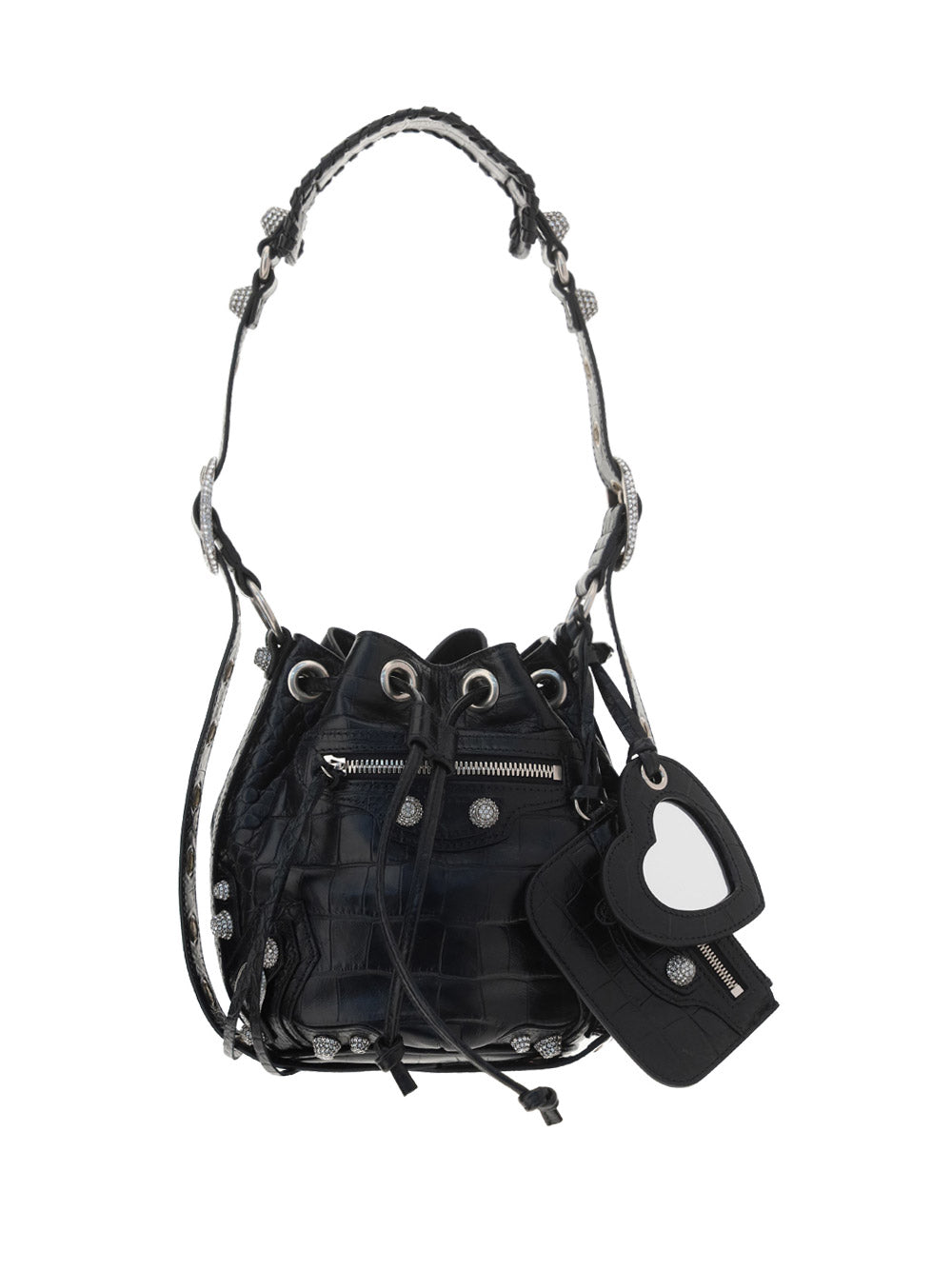 Le Cagole XS Bucket Bag Crocodile Embossed with Rhinestones - Black